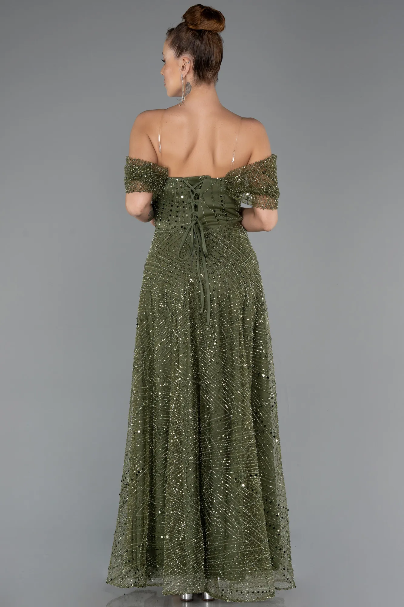 Olive Drab-Long Beaded Evening Dress ABU5443