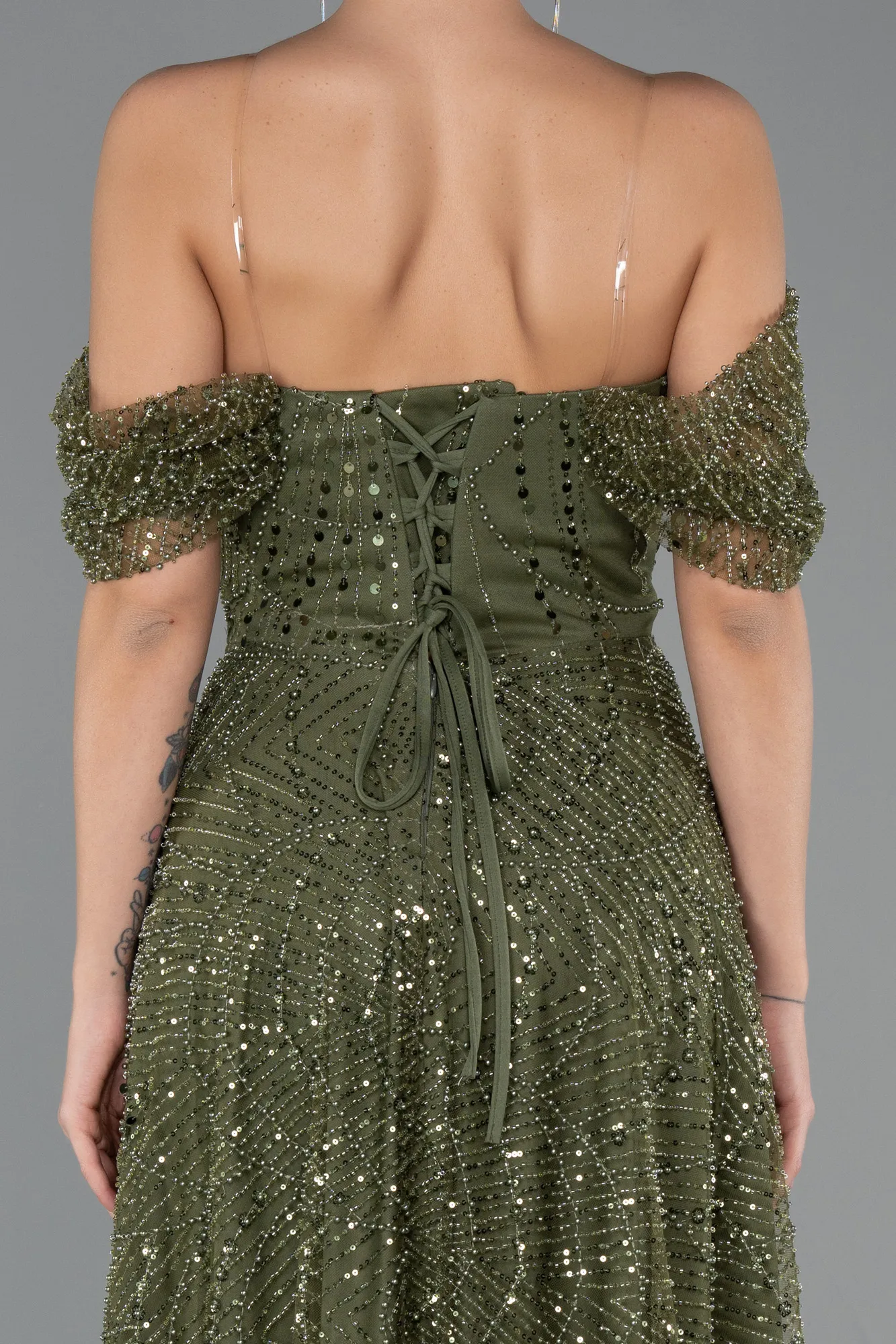Olive Drab-Long Beaded Evening Dress ABU5443