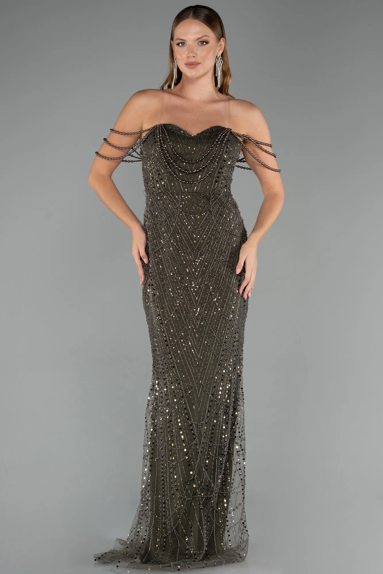 Olive Drab-Long Beaded Evening Dress ABU5477