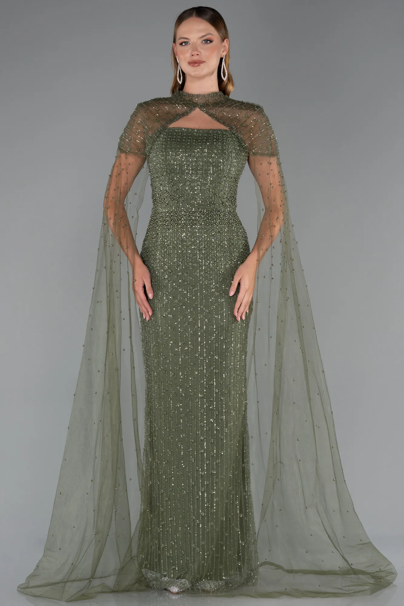 Olive Drab-Long Beaded Evening Dress ABU5483