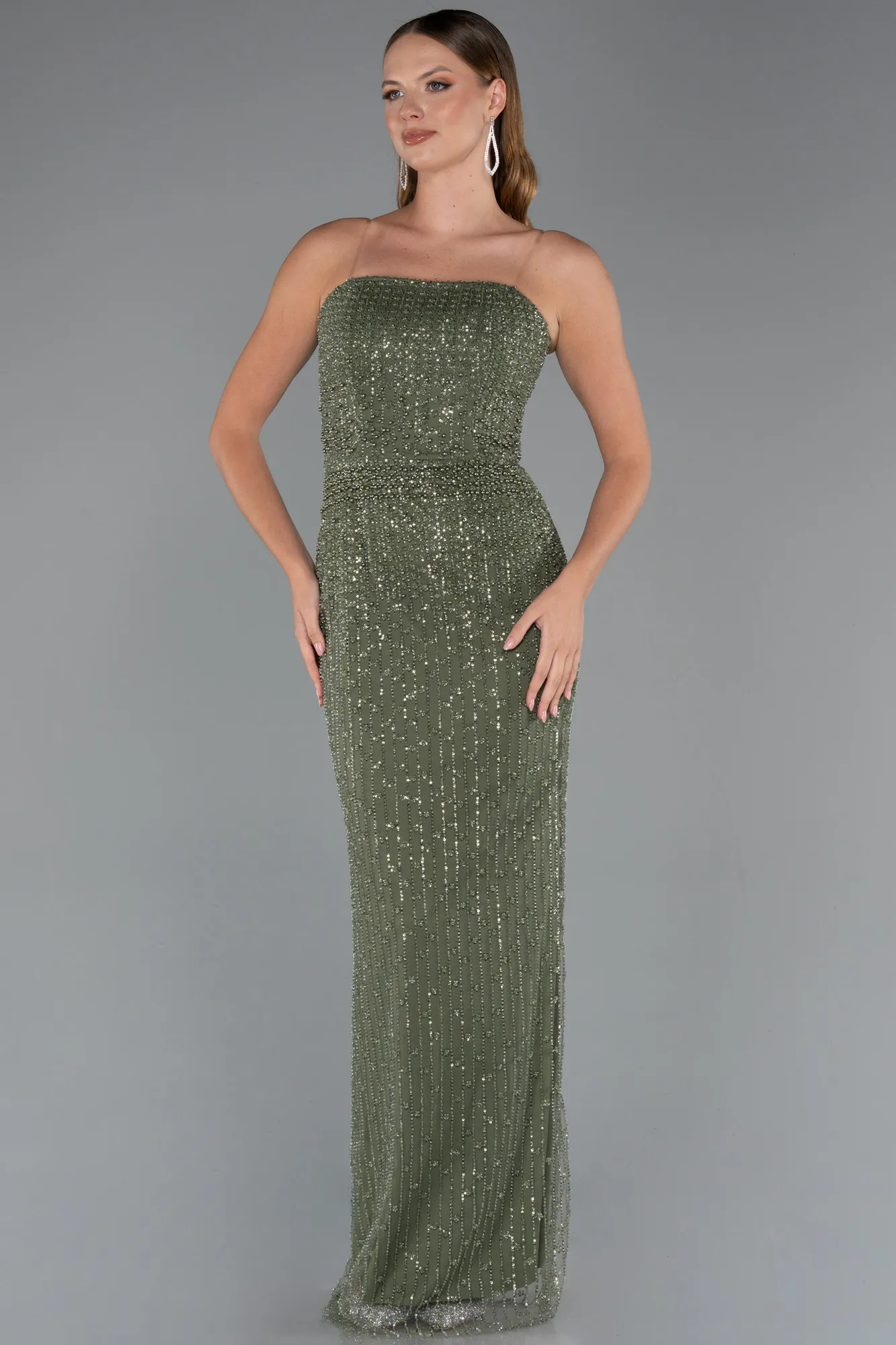 Olive Drab-Long Beaded Evening Dress ABU5483
