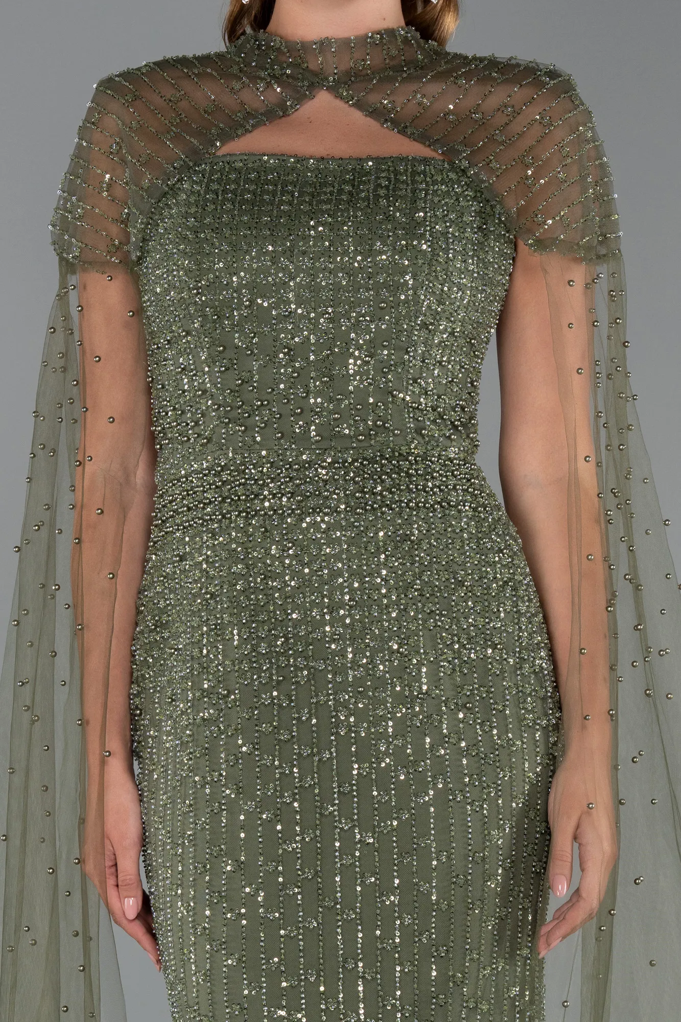 Olive Drab-Long Beaded Evening Dress ABU5483