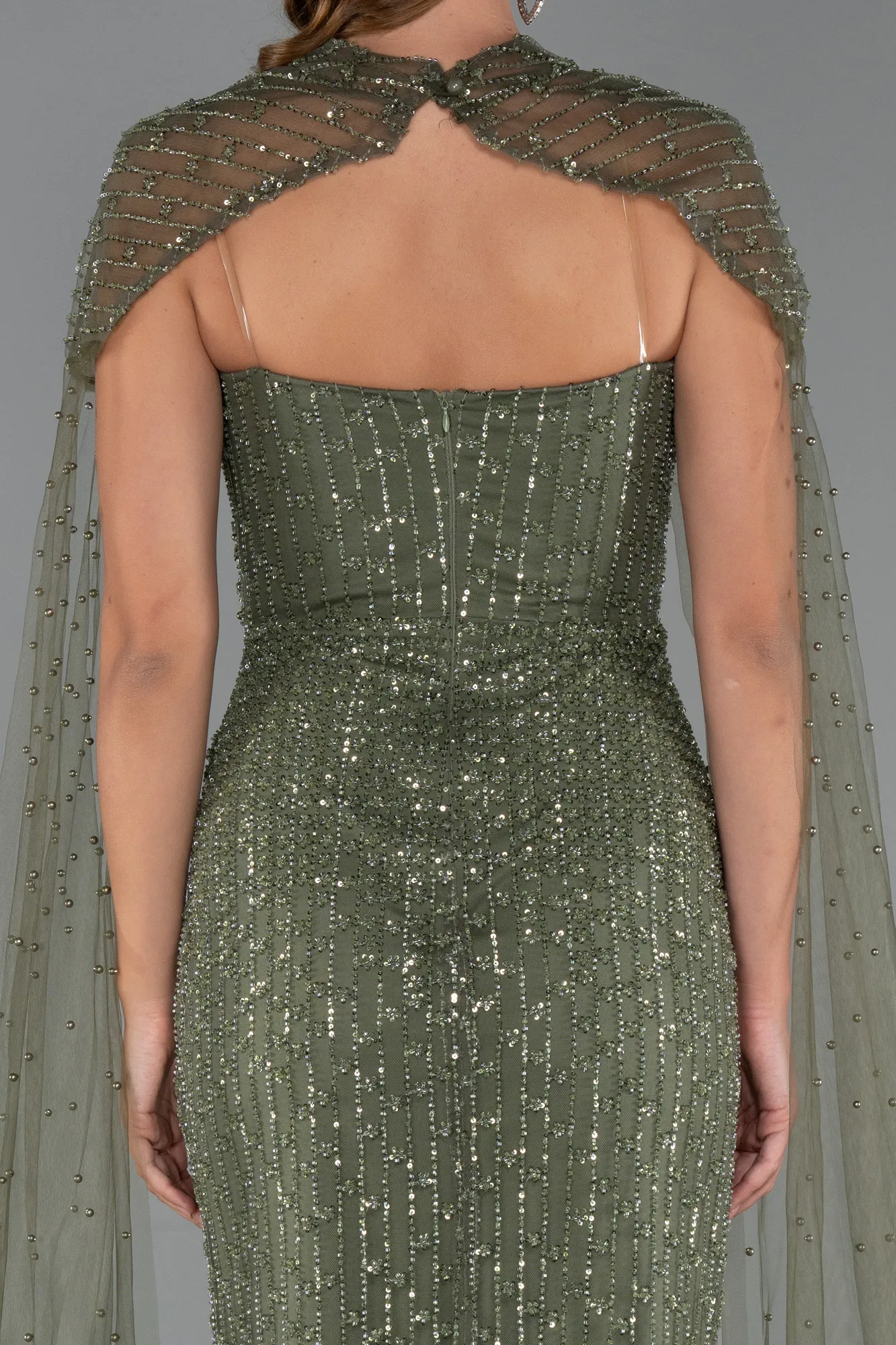 Olive Drab-Long Beaded Evening Dress ABU5483