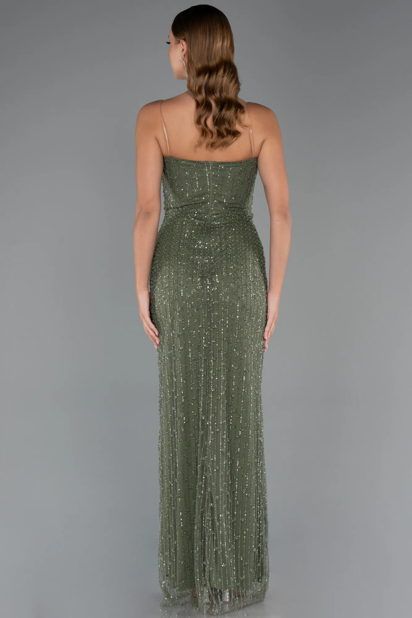 Olive Drab-Long Beaded Evening Dress ABU5483