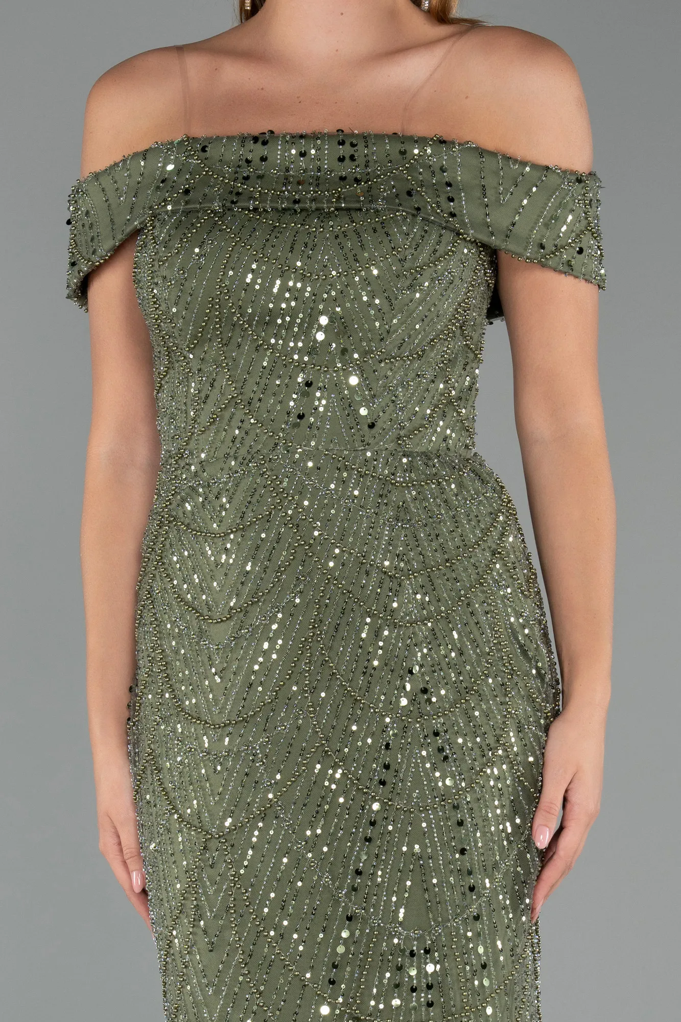 Olive Drab-Long Beaded Evening Dress ABU5492