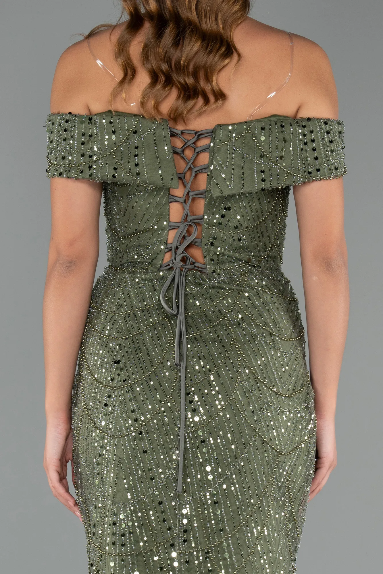 Olive Drab-Long Beaded Evening Dress ABU5492