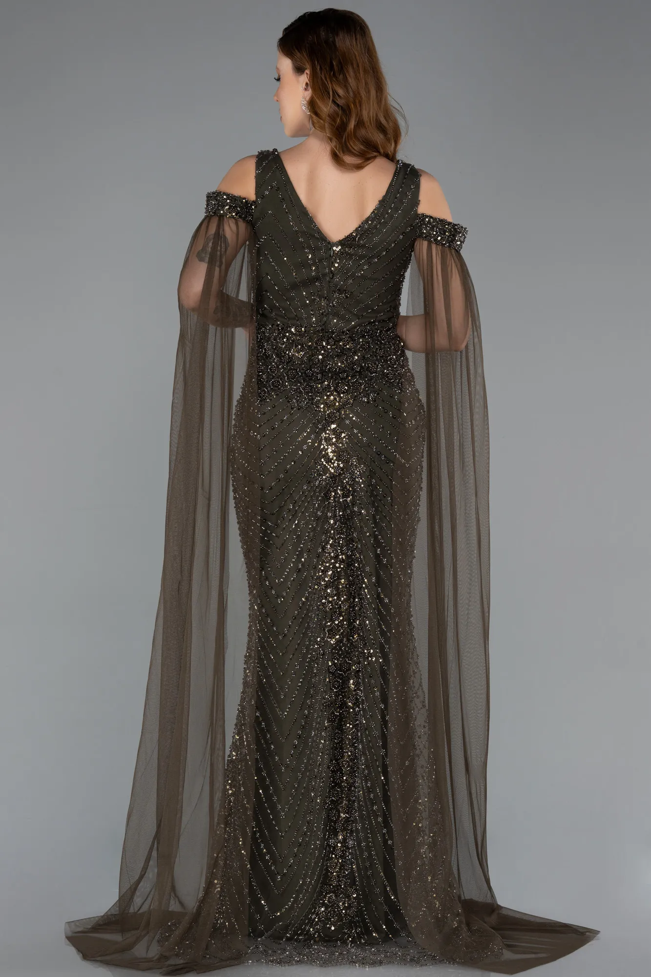 Olive Drab-Long Beaded Evening Dress ABU5497