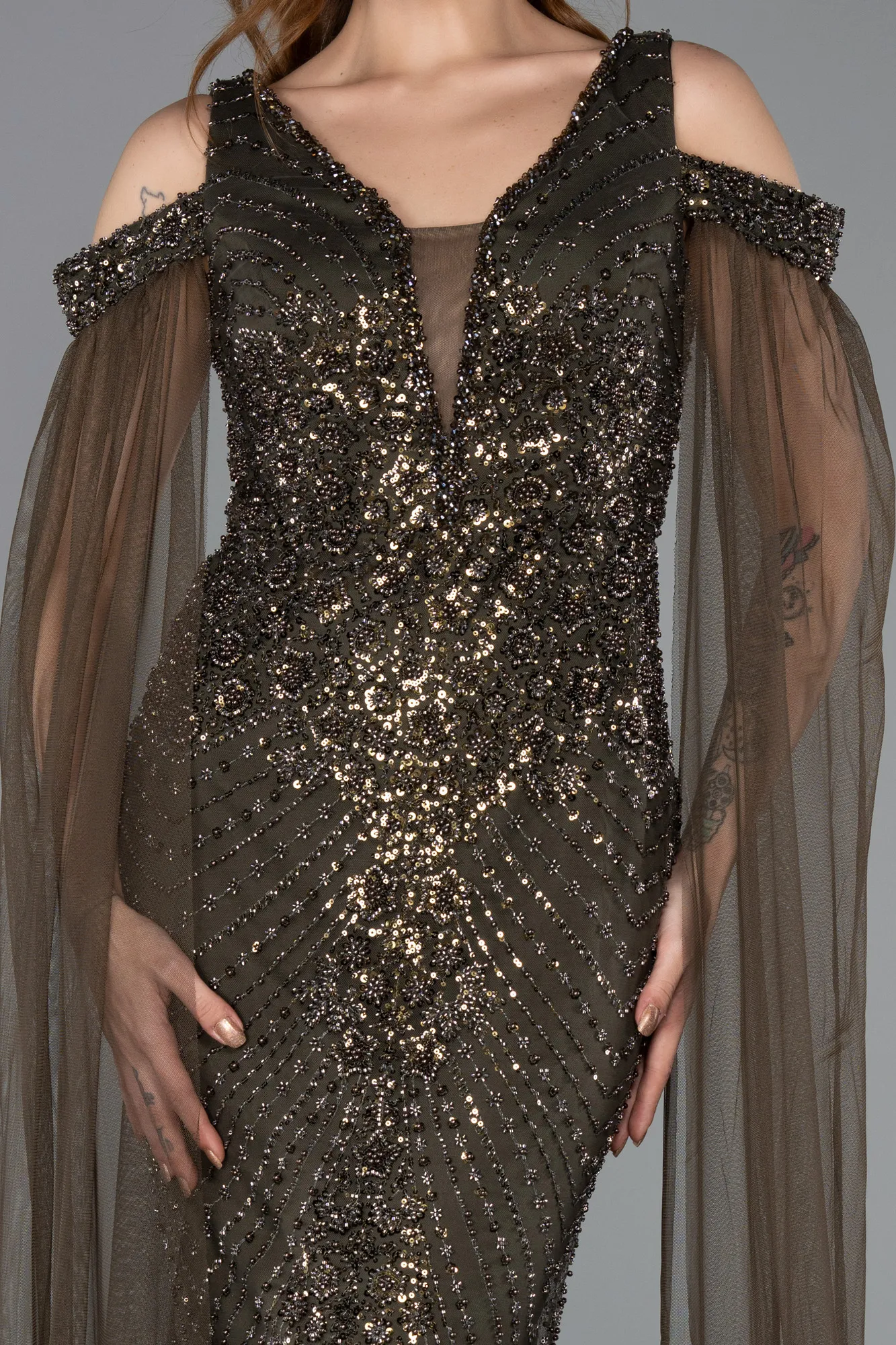 Olive Drab-Long Beaded Evening Dress ABU5497