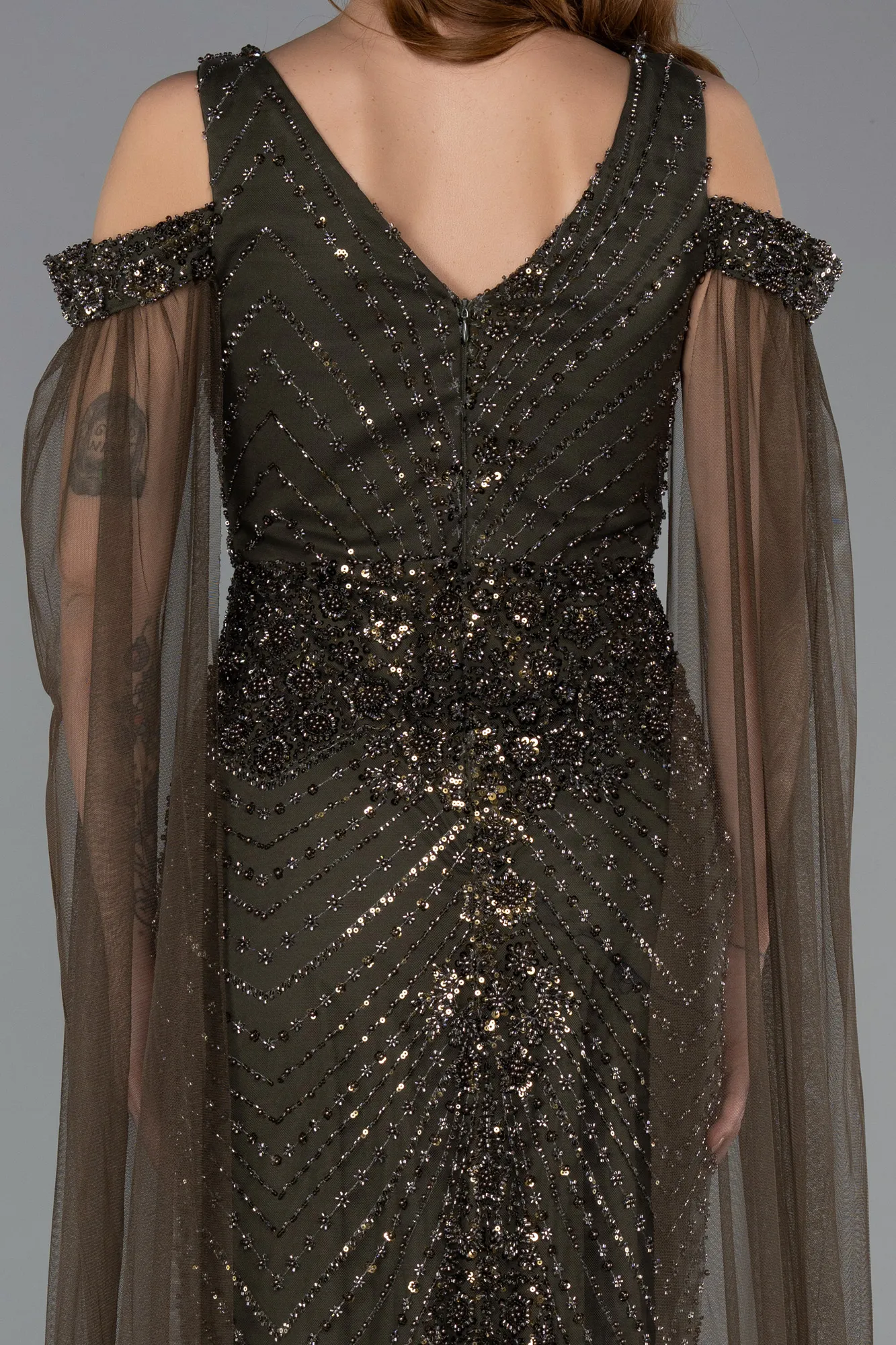 Olive Drab-Long Beaded Evening Dress ABU5497