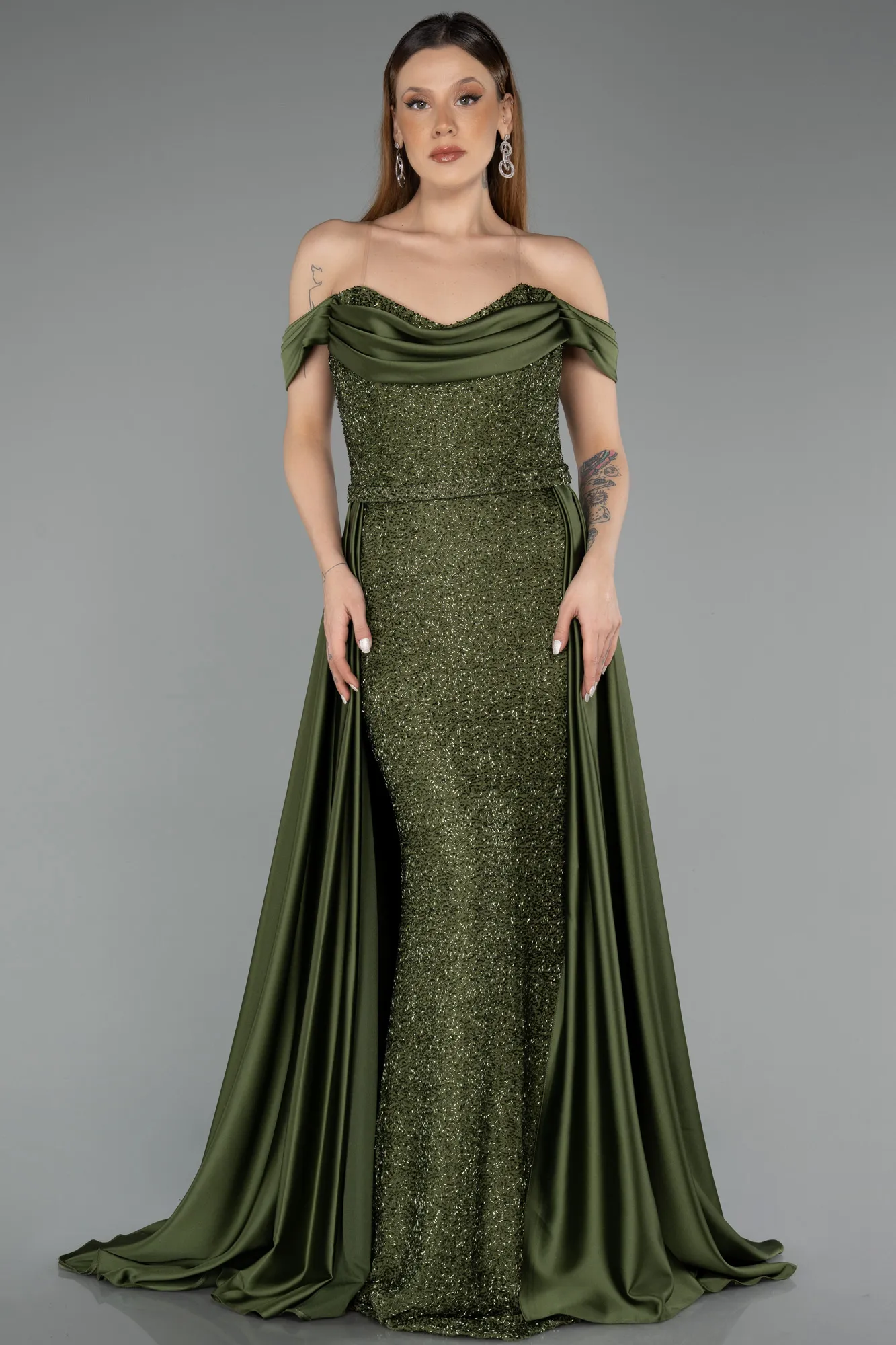 Olive Drab-Long Beaded Evening Dress ABU5542