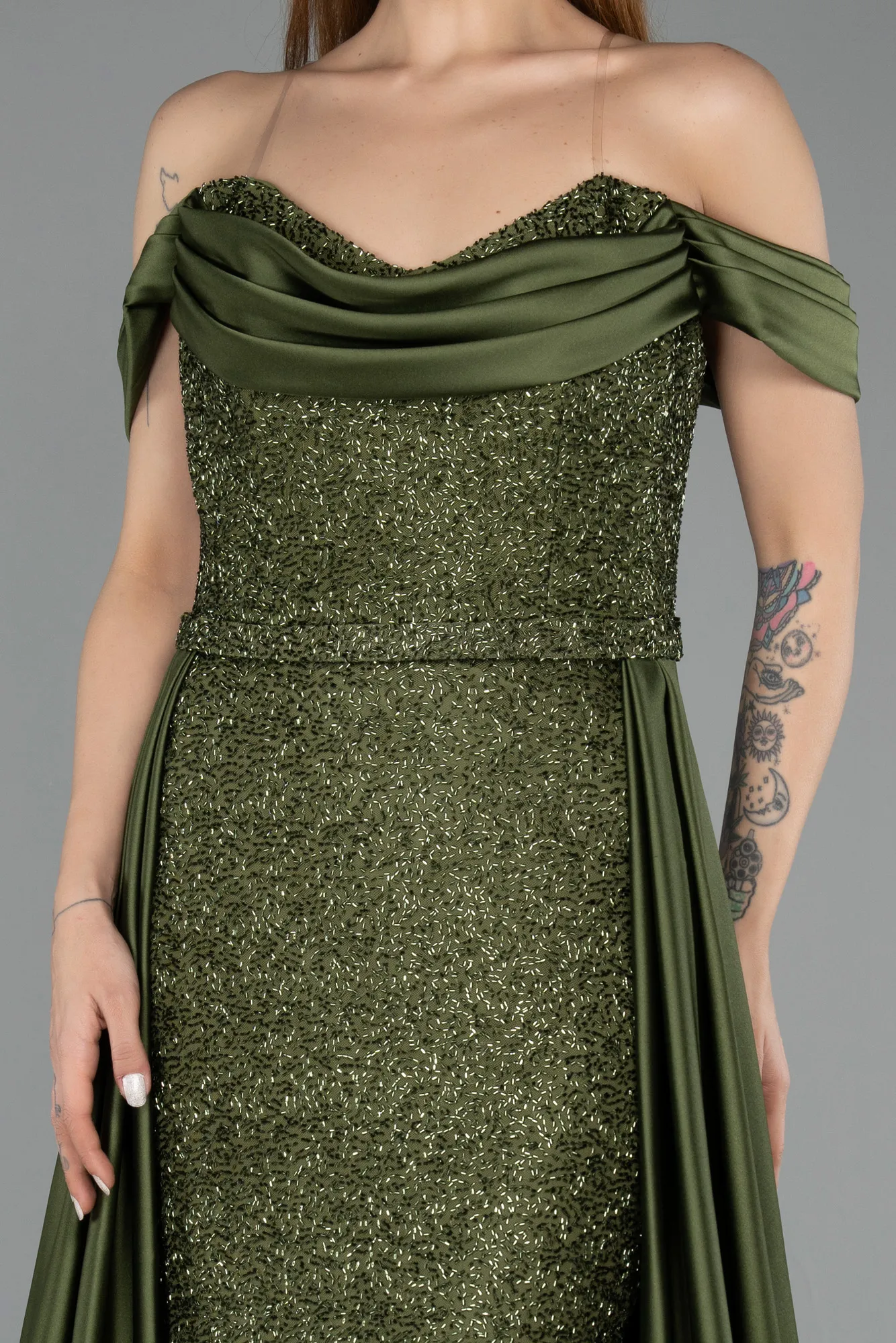 Olive Drab-Long Beaded Evening Dress ABU5542