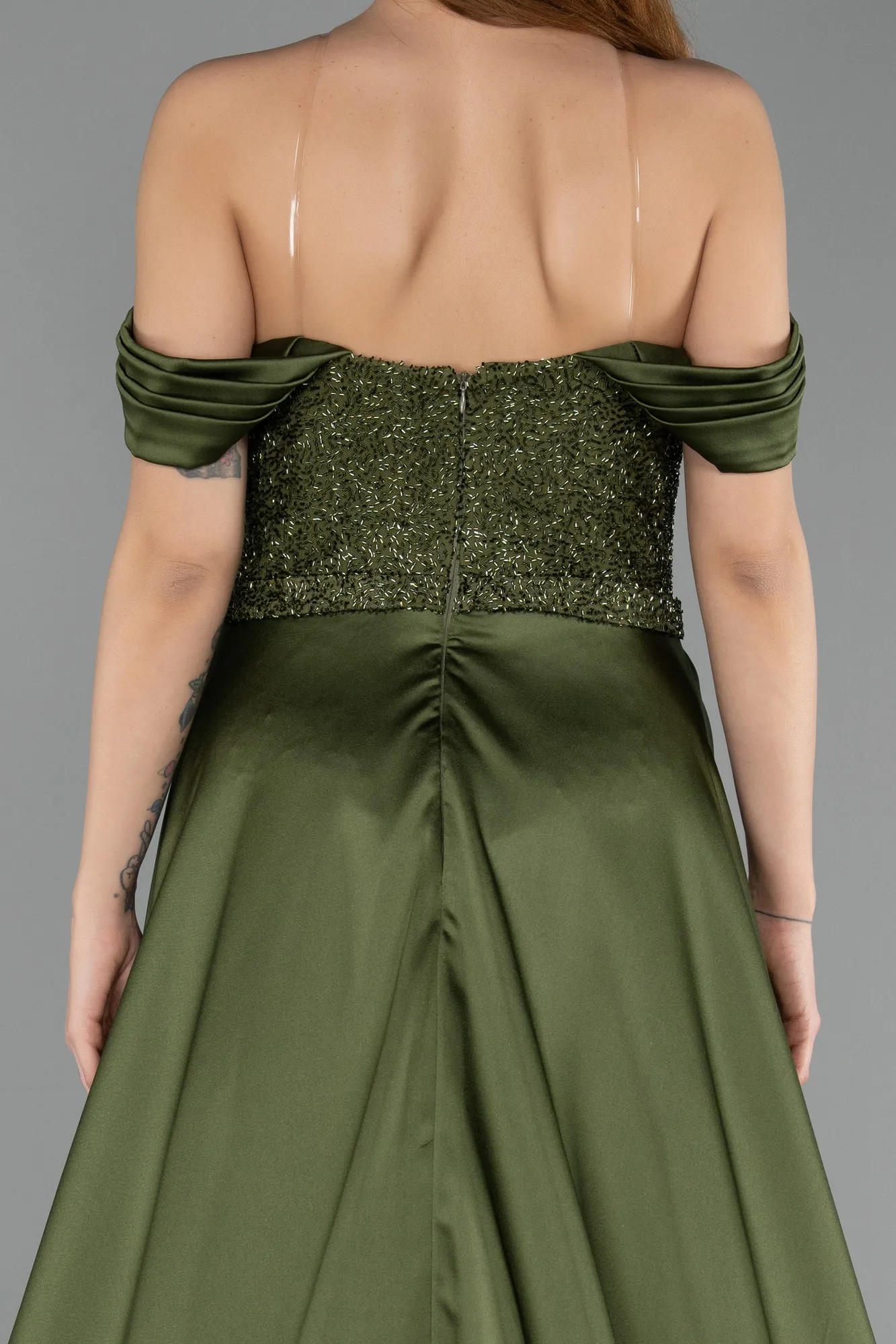 Olive Drab-Long Beaded Evening Dress ABU5542