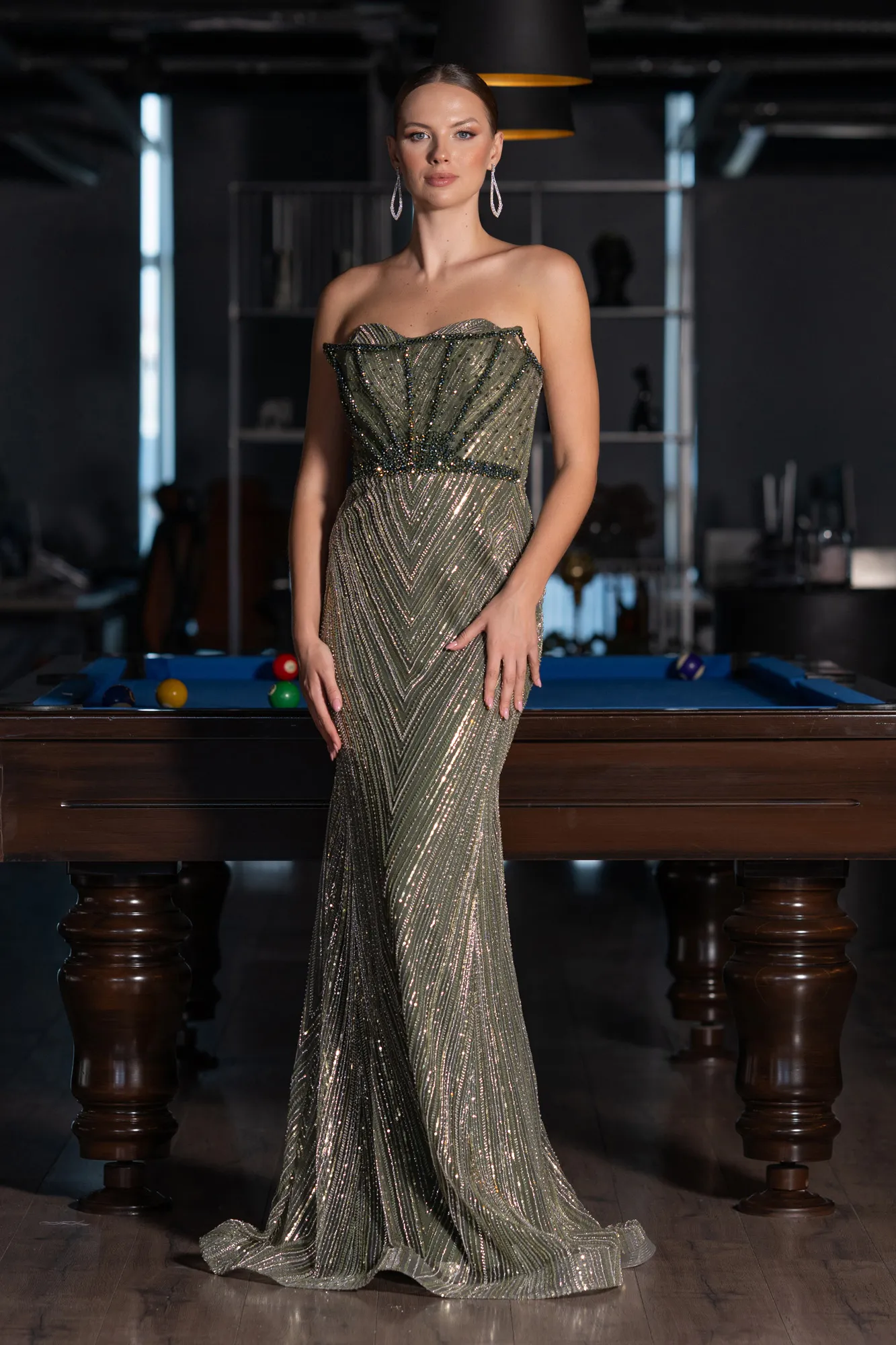 Olive Drab-Long Beaded Evening Dress ABU5584