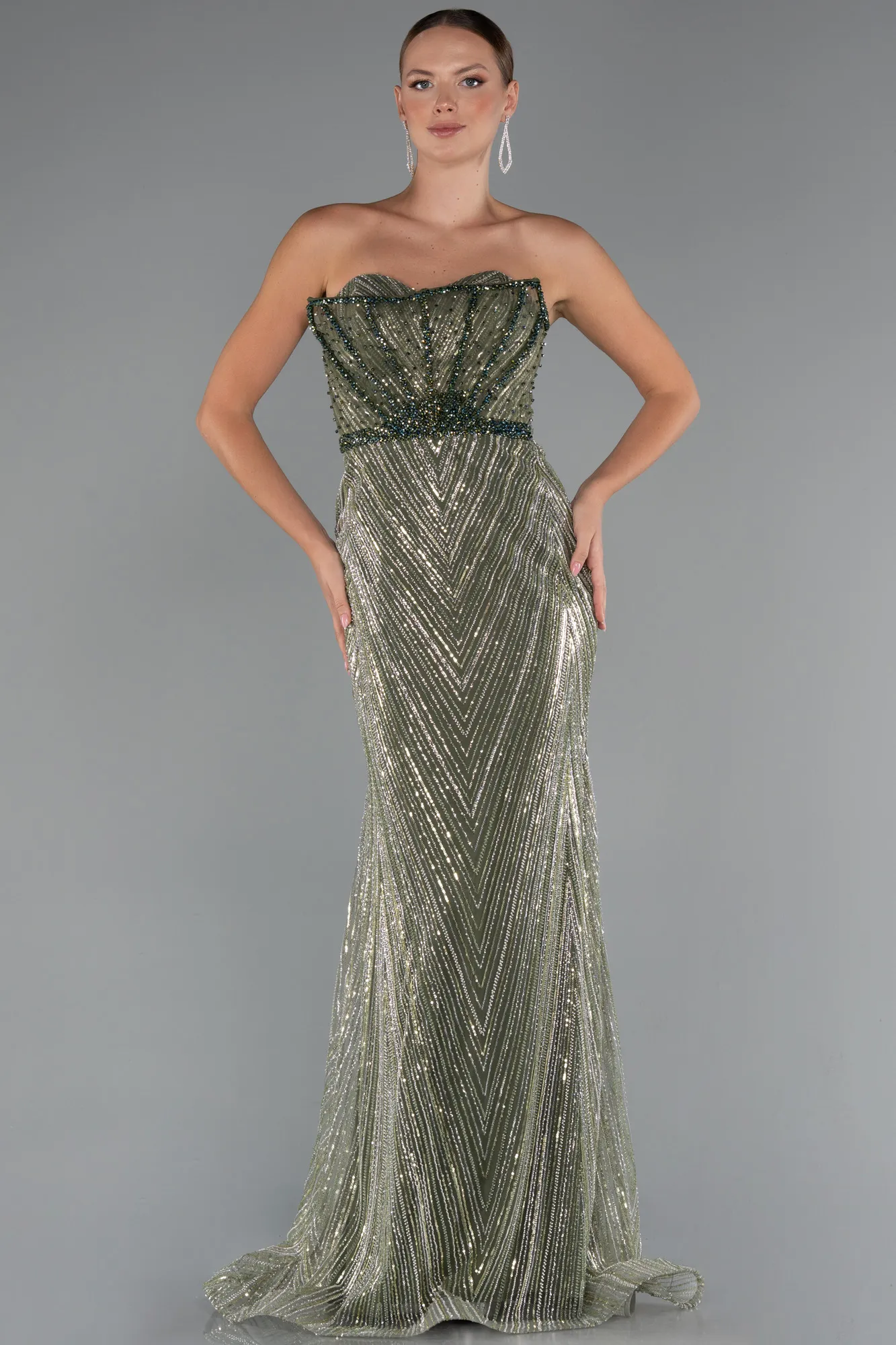 Olive Drab-Long Beaded Evening Dress ABU5584