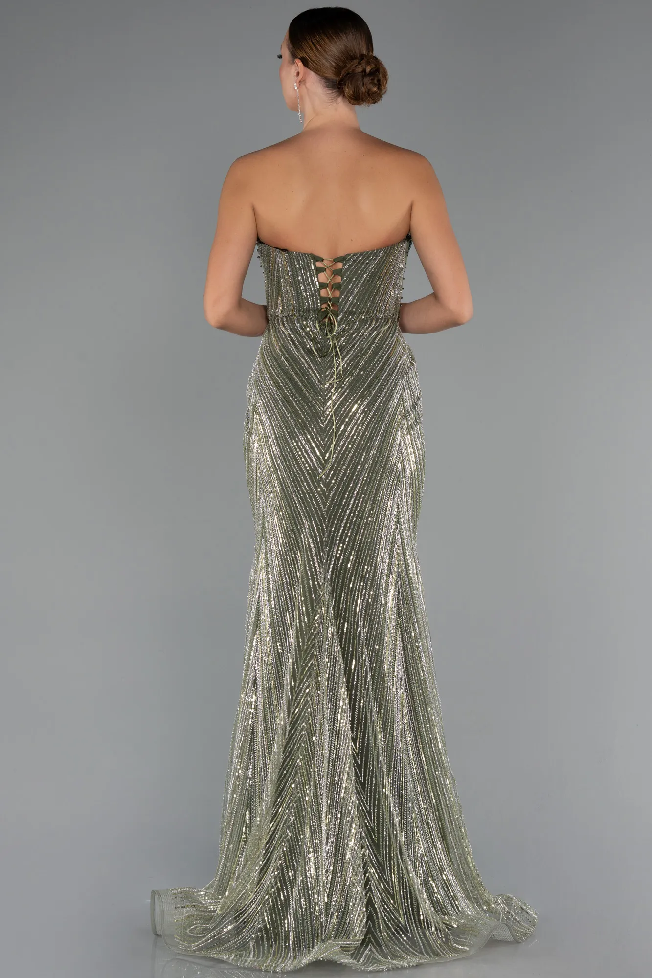 Olive Drab-Long Beaded Evening Dress ABU5584