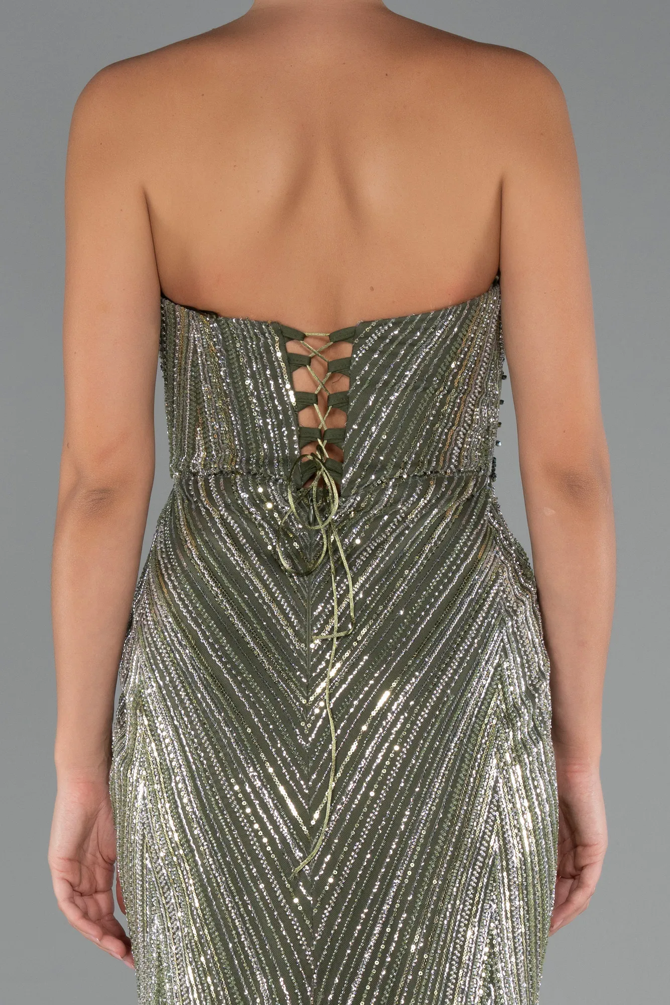 Olive Drab-Long Beaded Evening Dress ABU5584