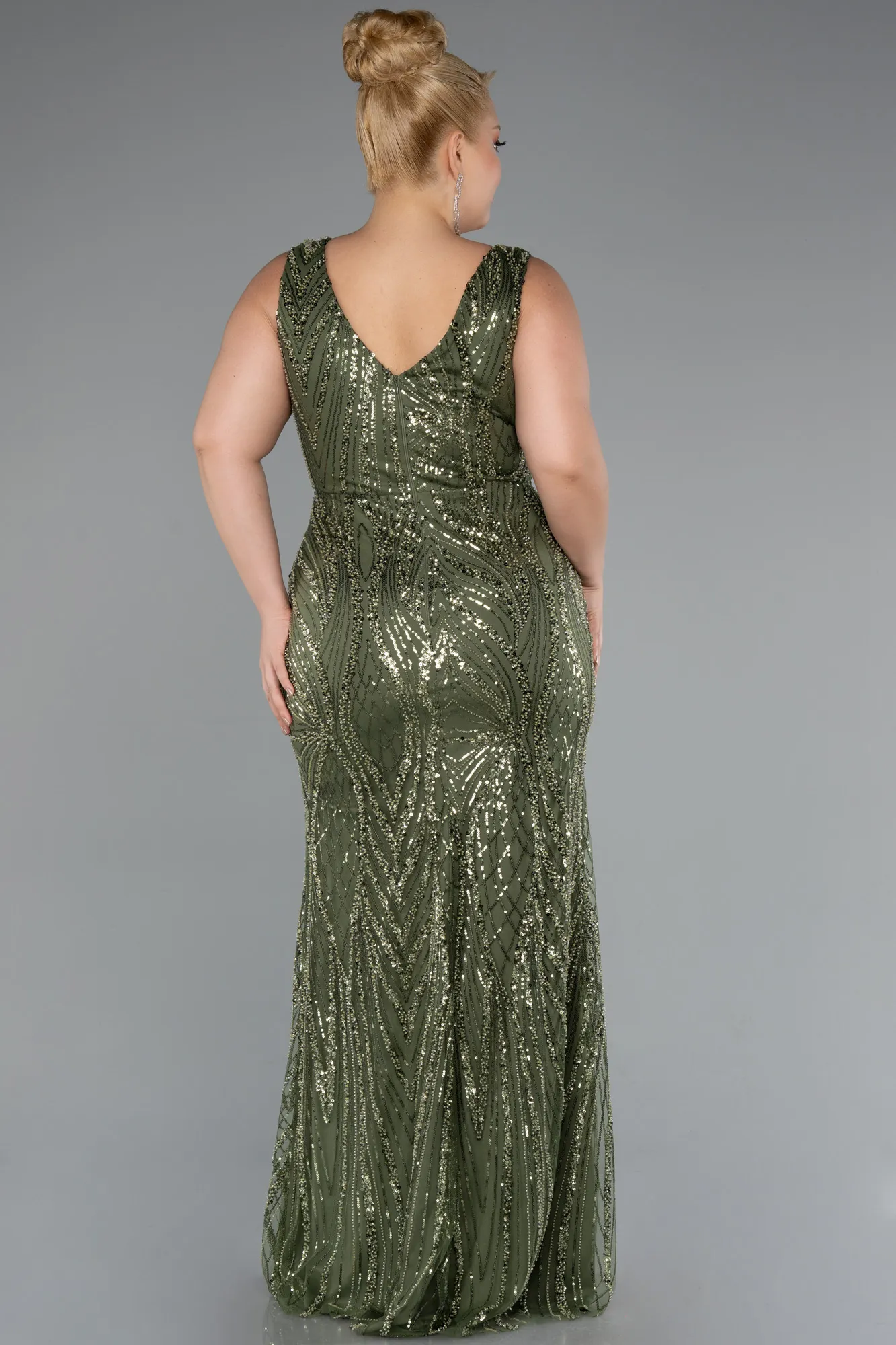 Olive Drab-Long Beaded Formal Plus Size Dress ABU5188