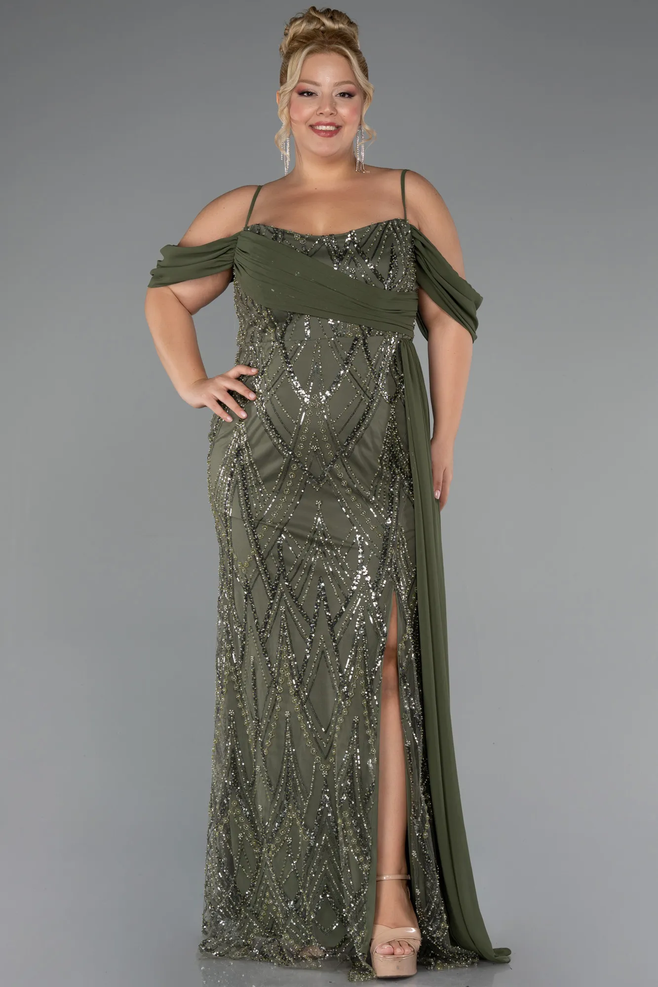 Olive Drab-Long Beaded Formal Plus Size Dress ABU5319