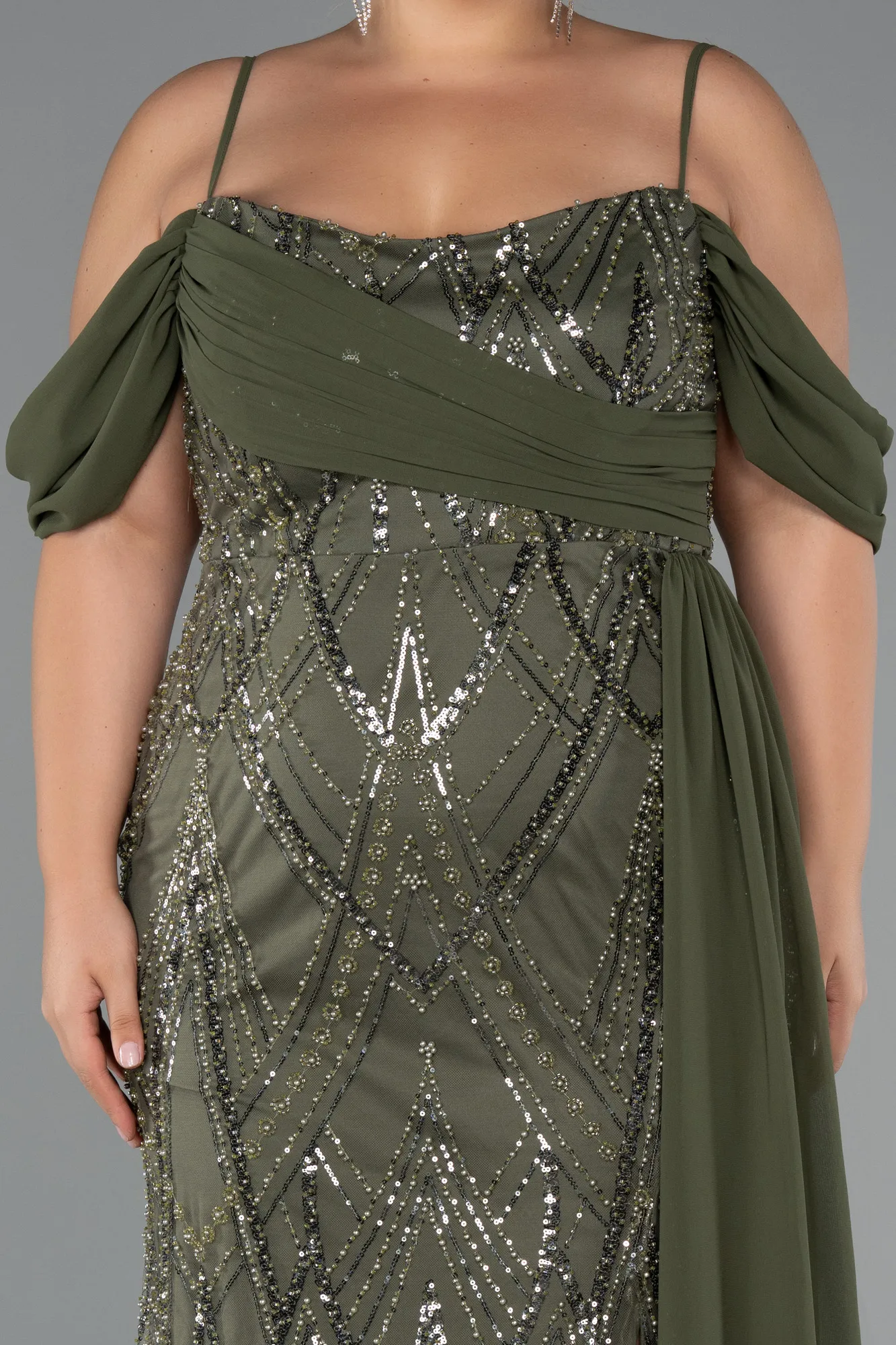 Olive Drab-Long Beaded Formal Plus Size Dress ABU5319