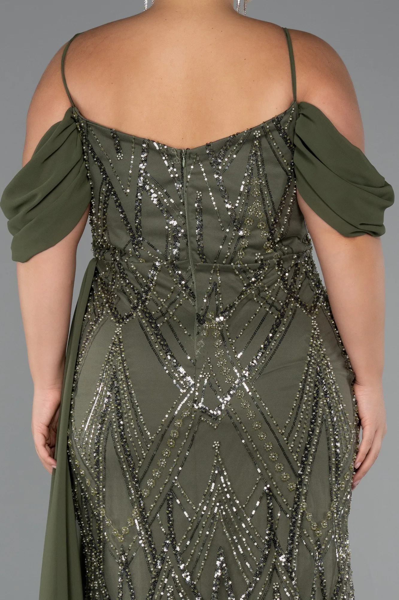 Olive Drab-Long Beaded Formal Plus Size Dress ABU5319