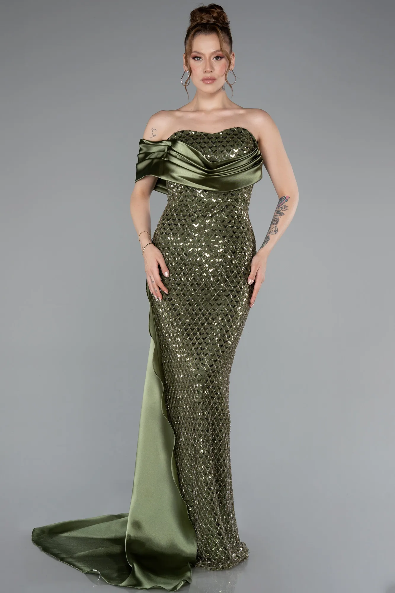 Olive Drab-Long Beaded Mermaid Evening Gown ABU4986