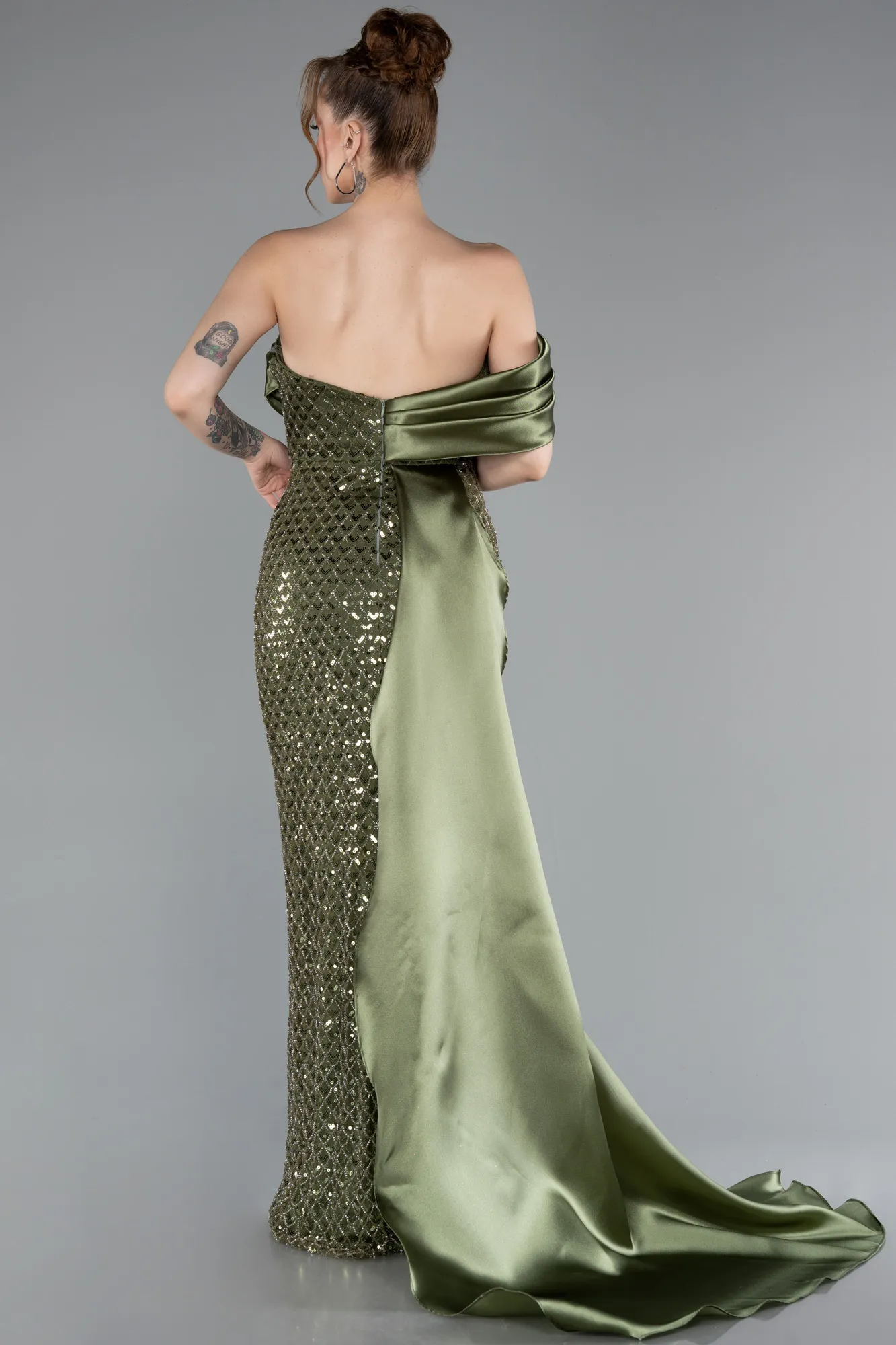 Olive Drab-Long Beaded Mermaid Evening Gown ABU4986