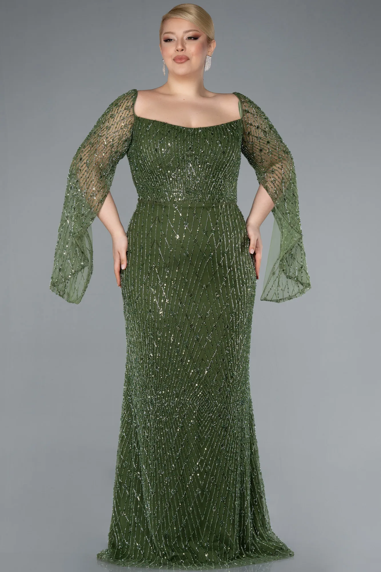 Olive Drab-Long Beaded Plus Size Engagement Dress ABU4640