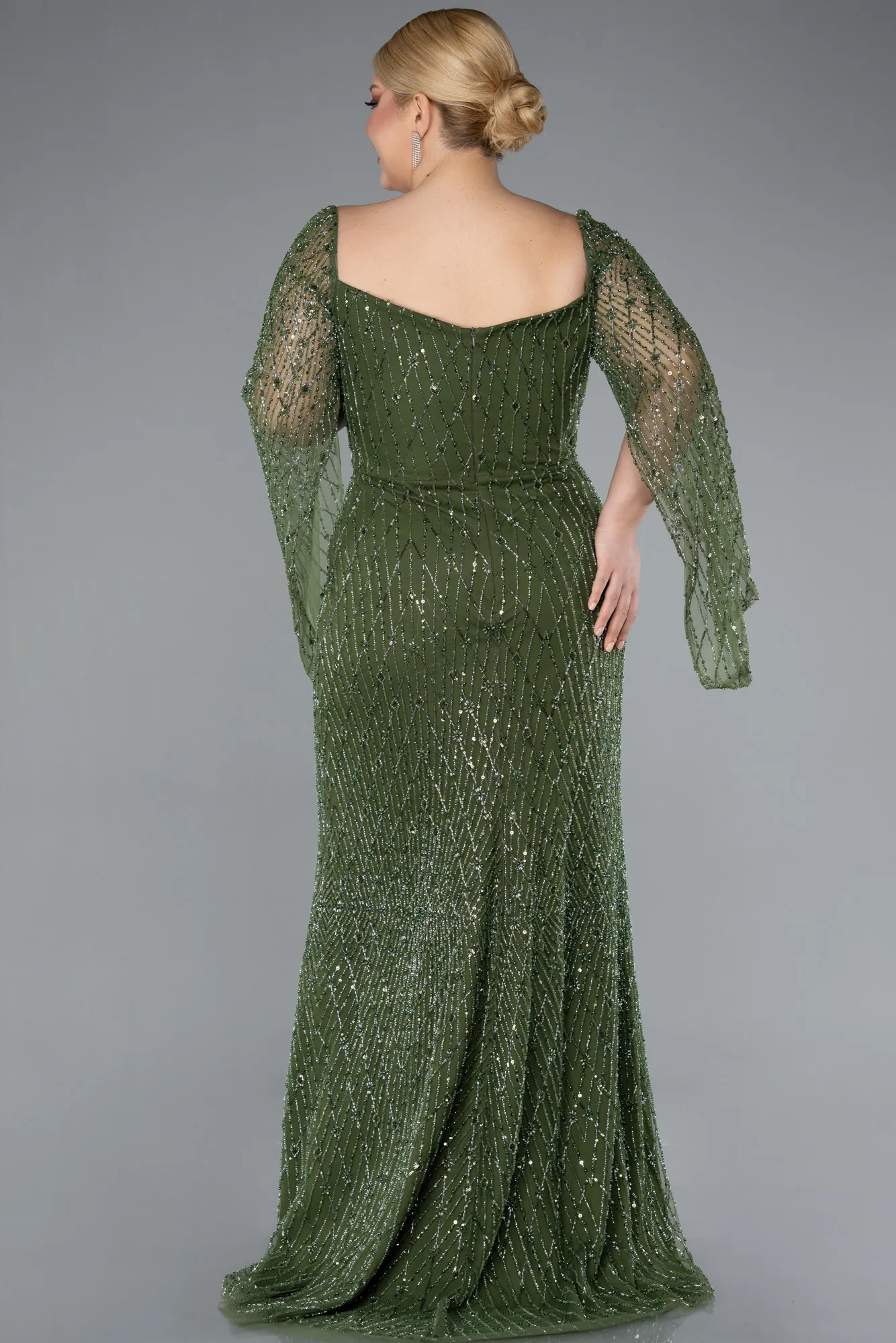 Olive Drab-Long Beaded Plus Size Engagement Dress ABU4640