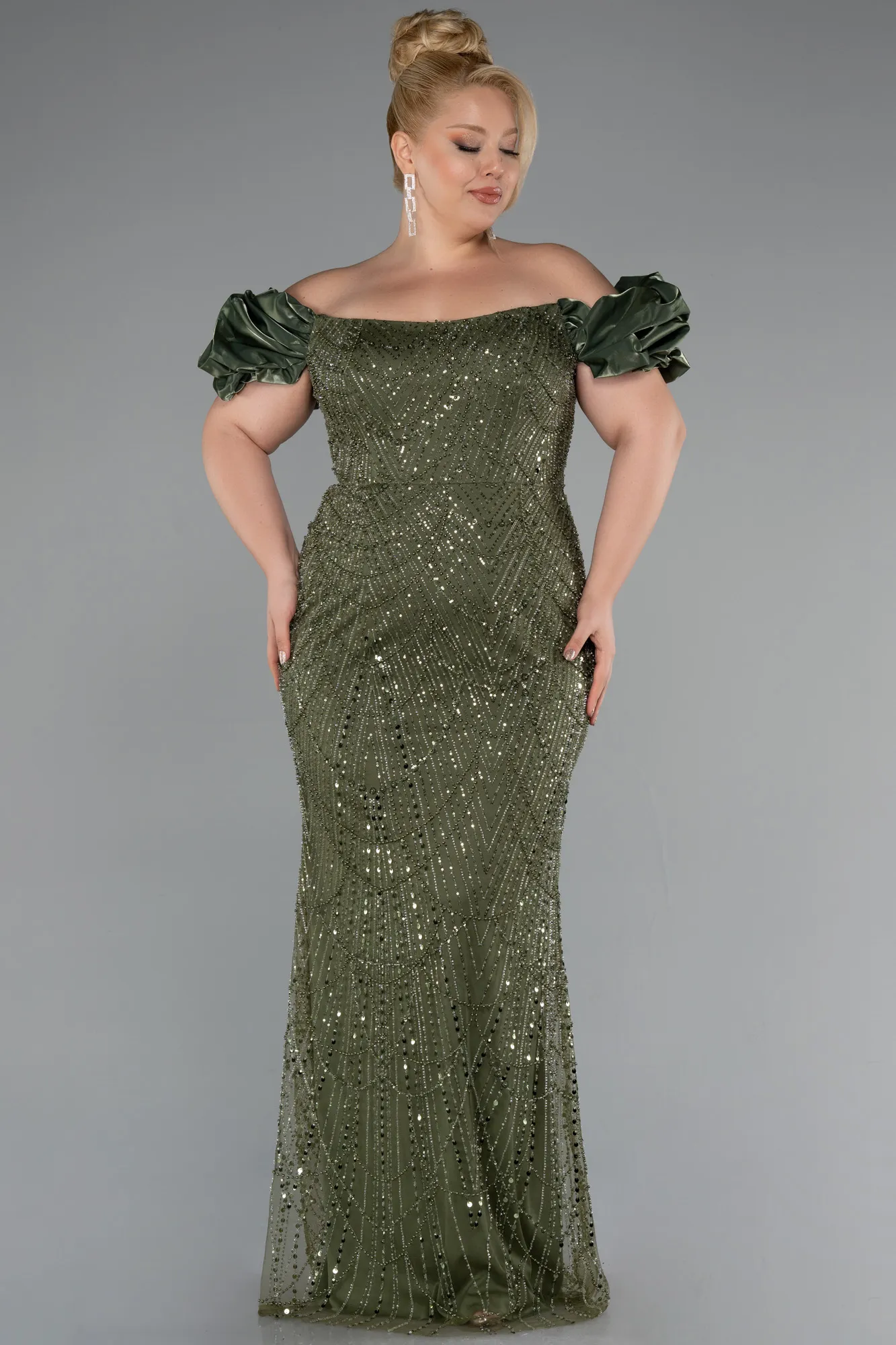 Olive Drab-Long Beaded Plus Size Engagement Dress ABU4788