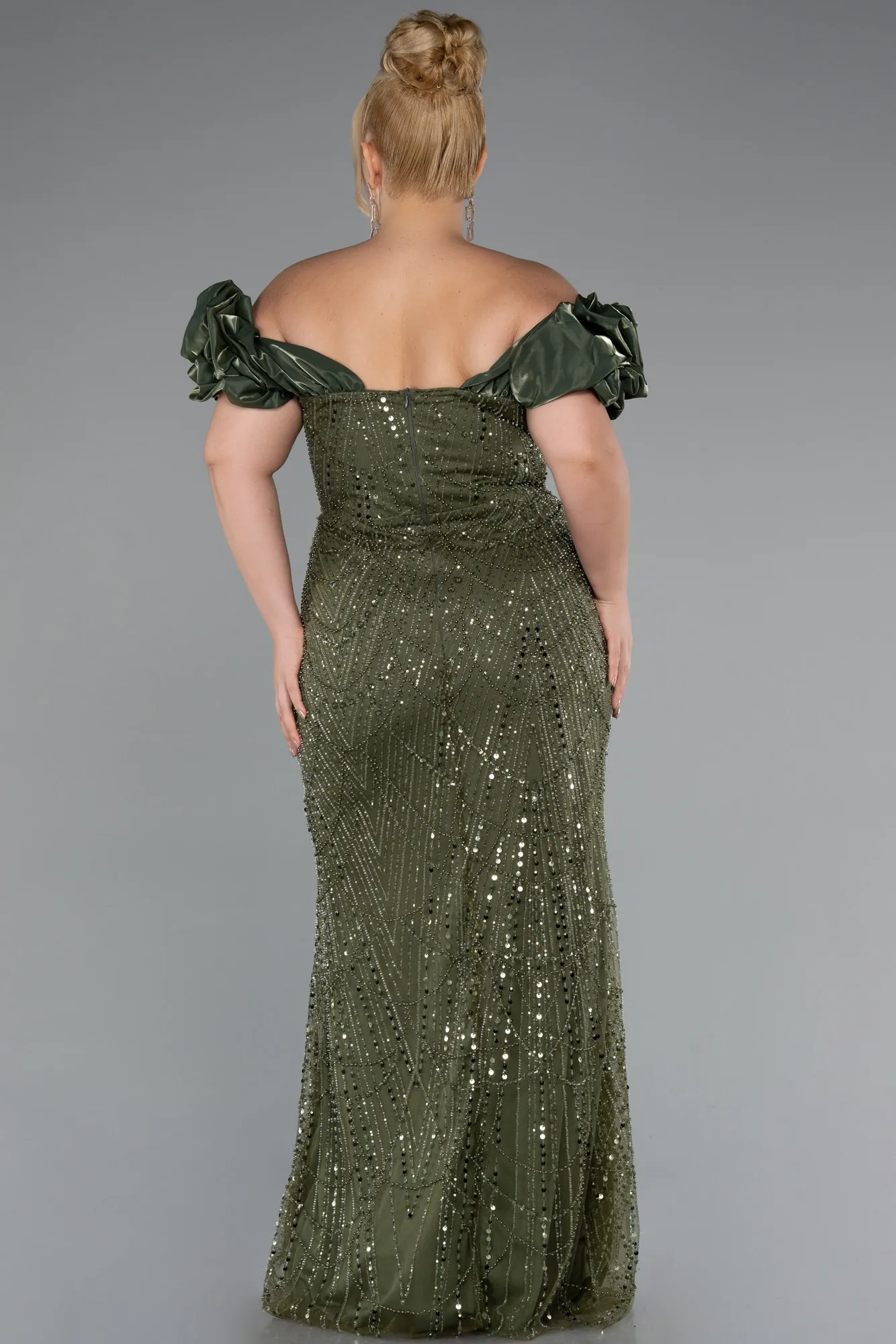 Olive Drab-Long Beaded Plus Size Engagement Dress ABU4788