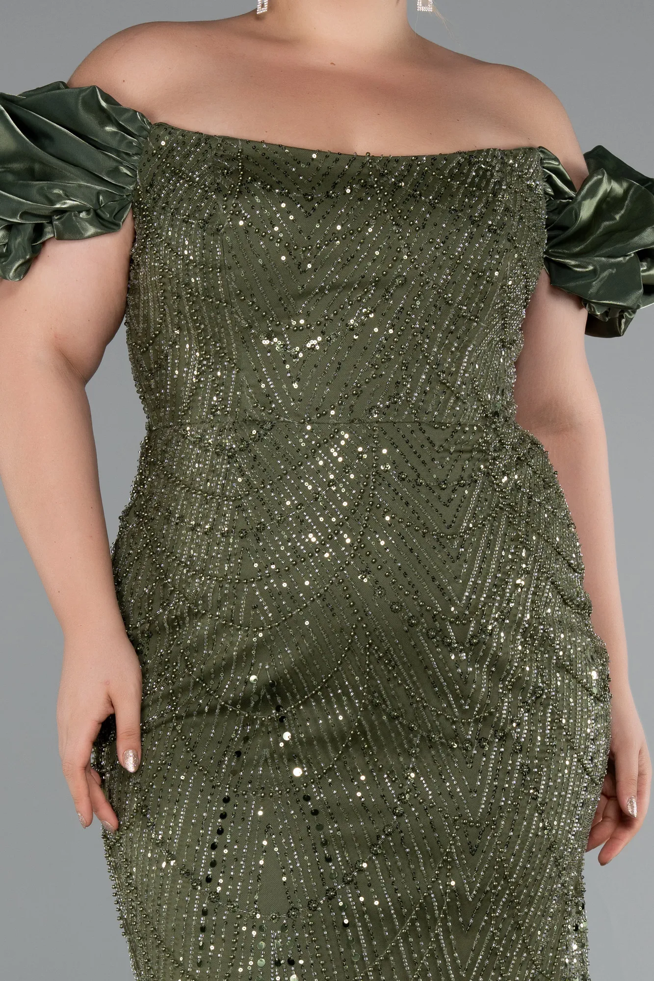 Olive Drab-Long Beaded Plus Size Engagement Dress ABU4788