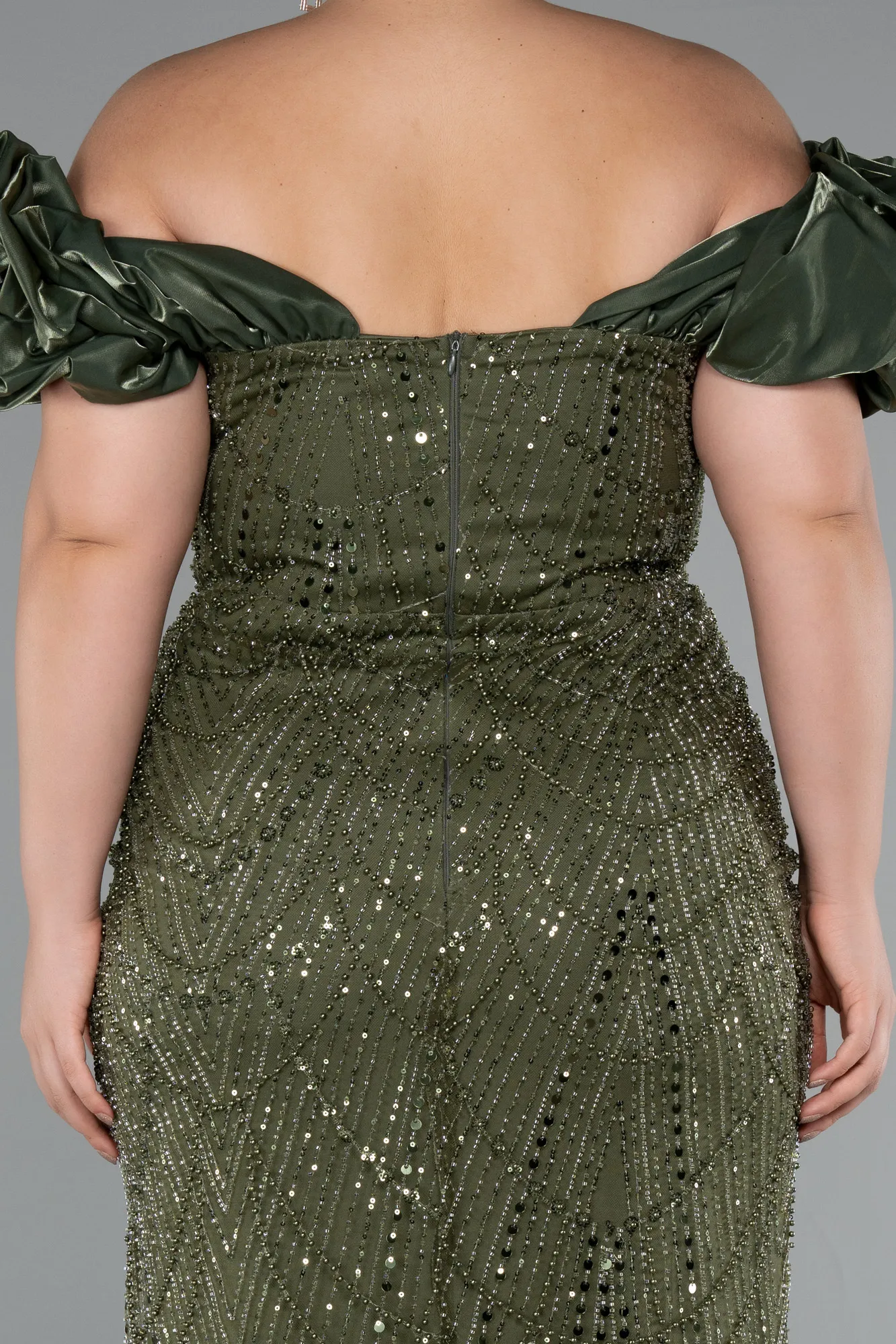 Olive Drab-Long Beaded Plus Size Engagement Dress ABU4788