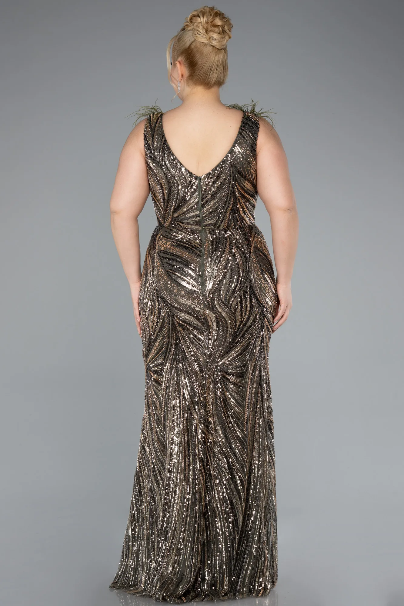 Olive Drab-Long Beaded Plus Size Engagement Dress ABU4940