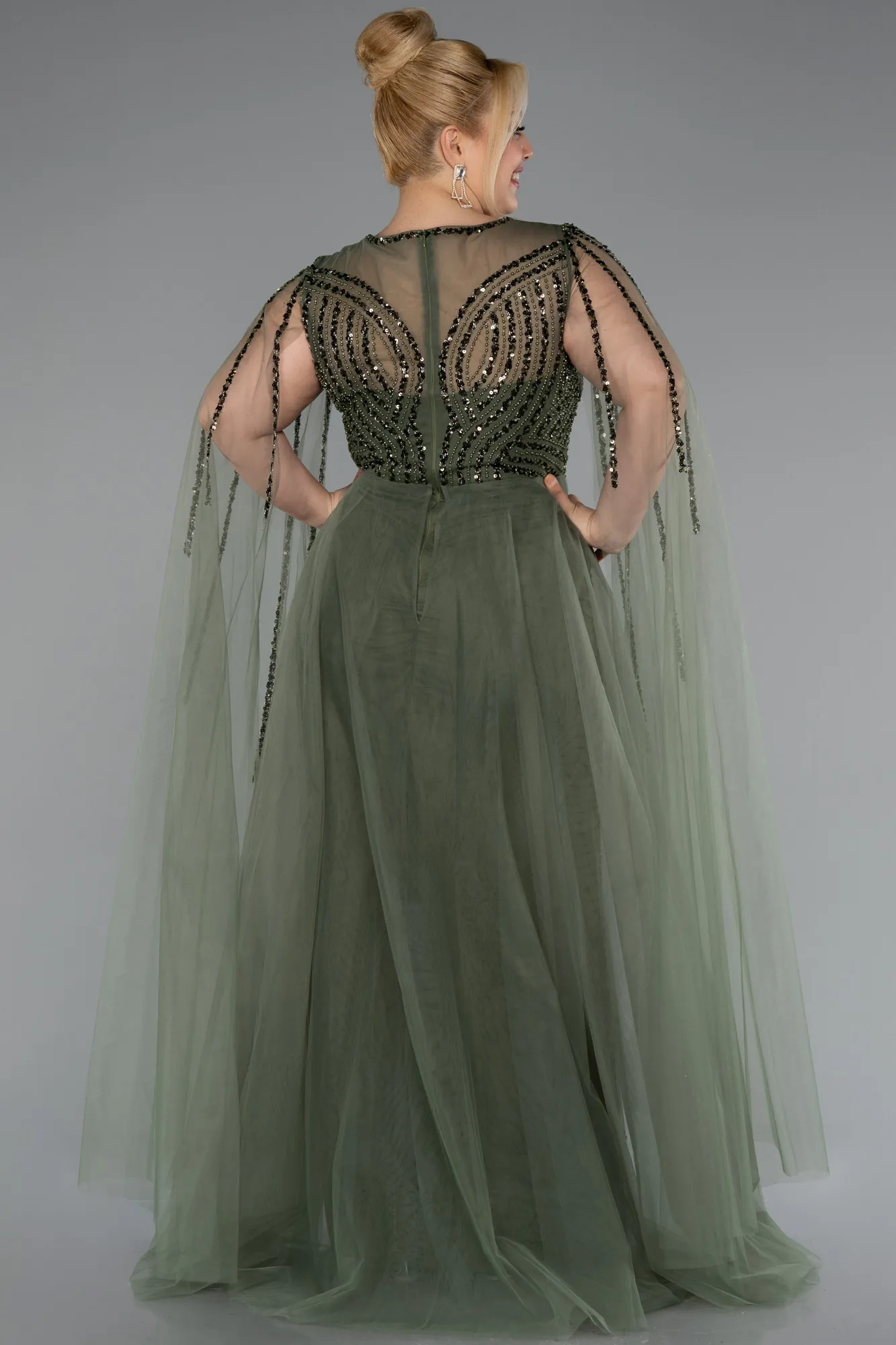 Olive Drab-Long Beaded Plus Size Engagement Dress ABU5050