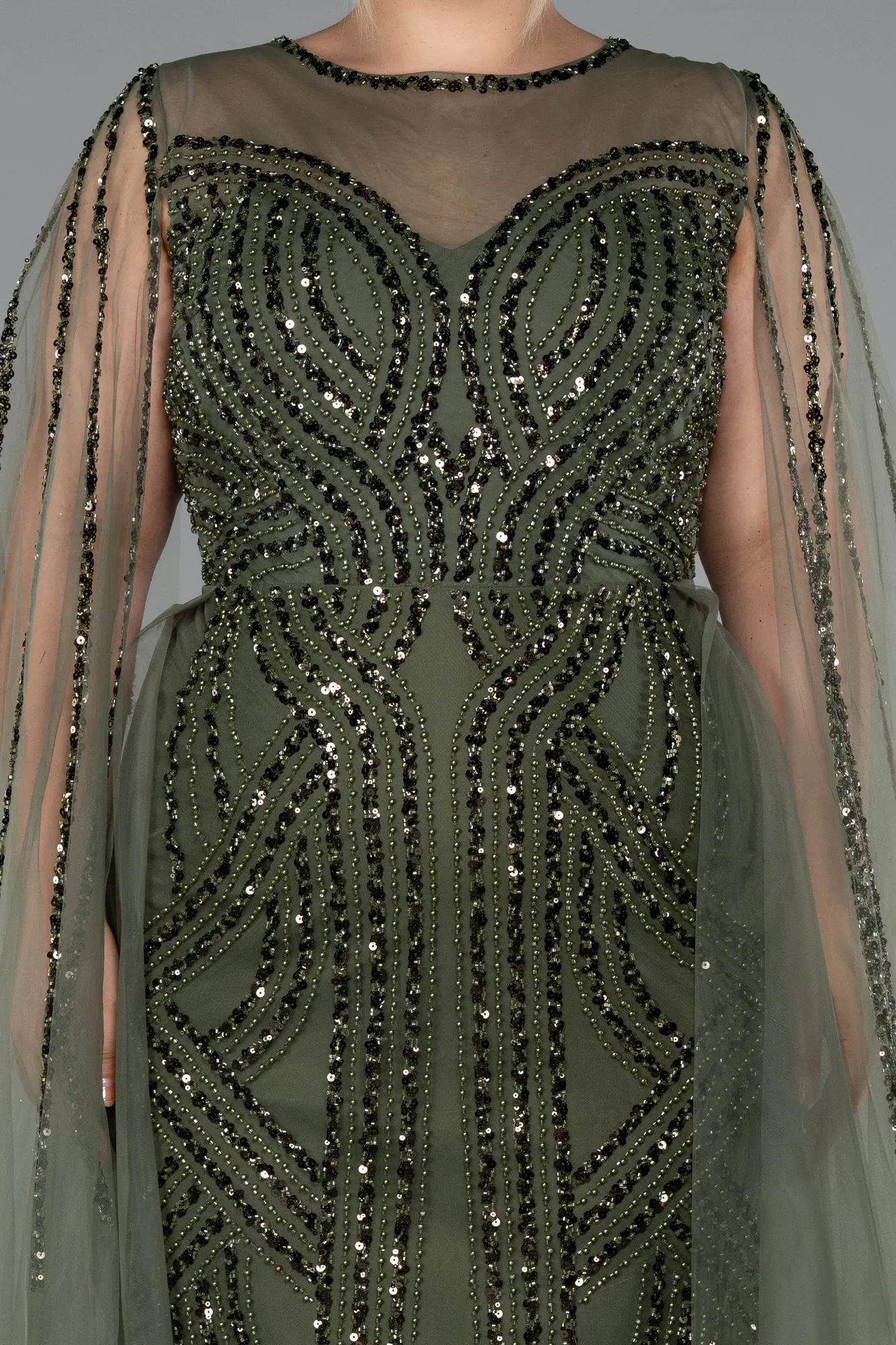 Olive Drab-Long Beaded Plus Size Engagement Dress ABU5050