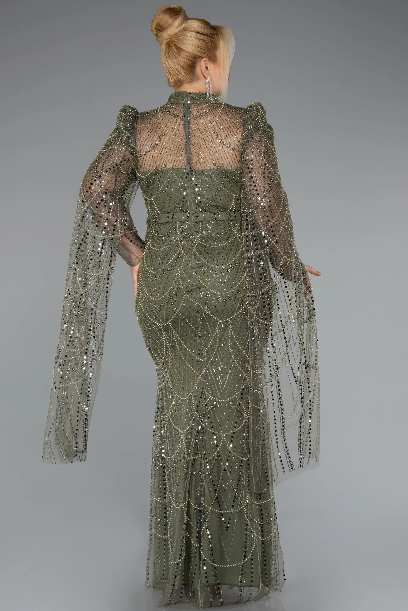 Olive Drab-Long Beaded Plus Size Engagement Dress ABU5153