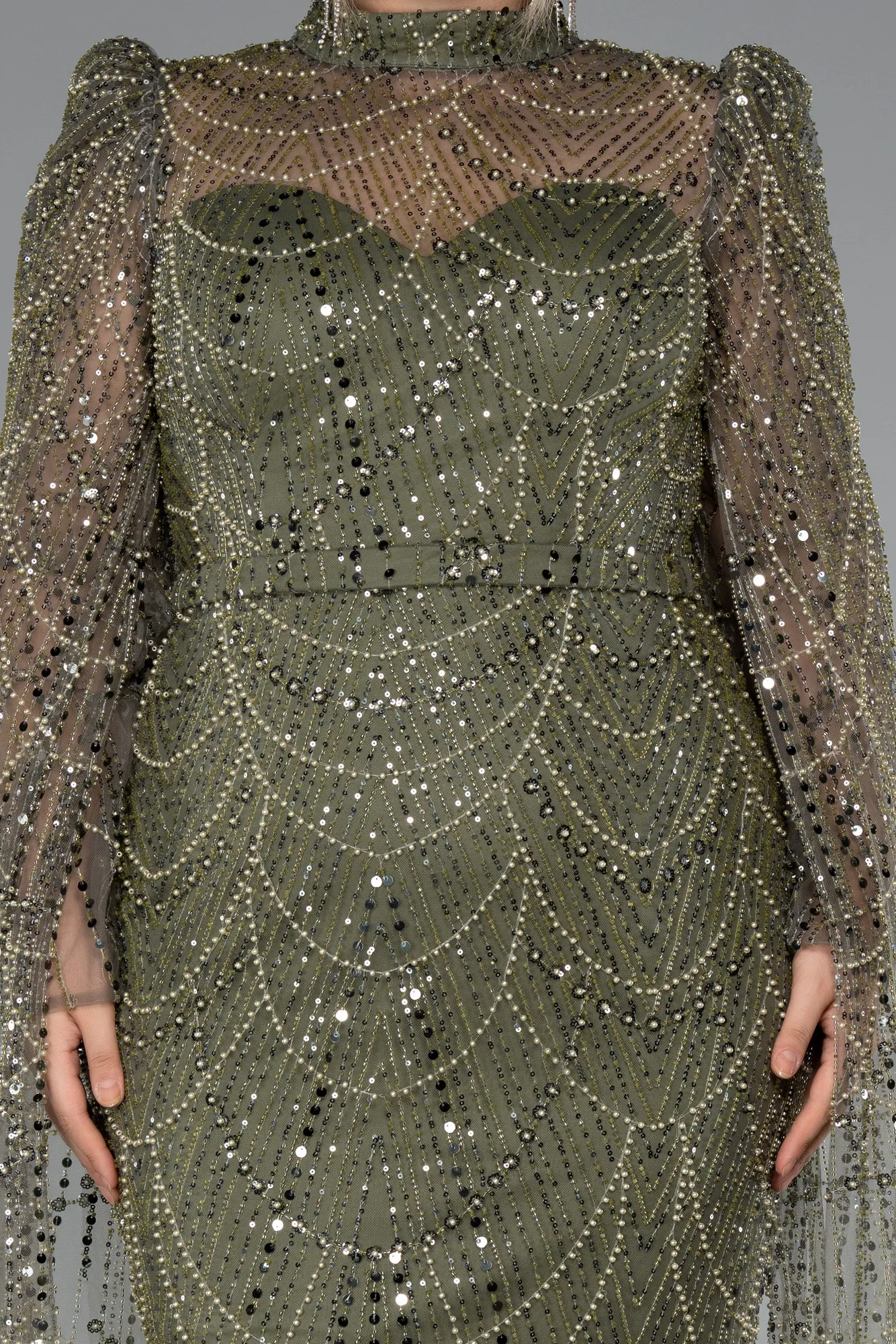 Olive Drab-Long Beaded Plus Size Engagement Dress ABU5153