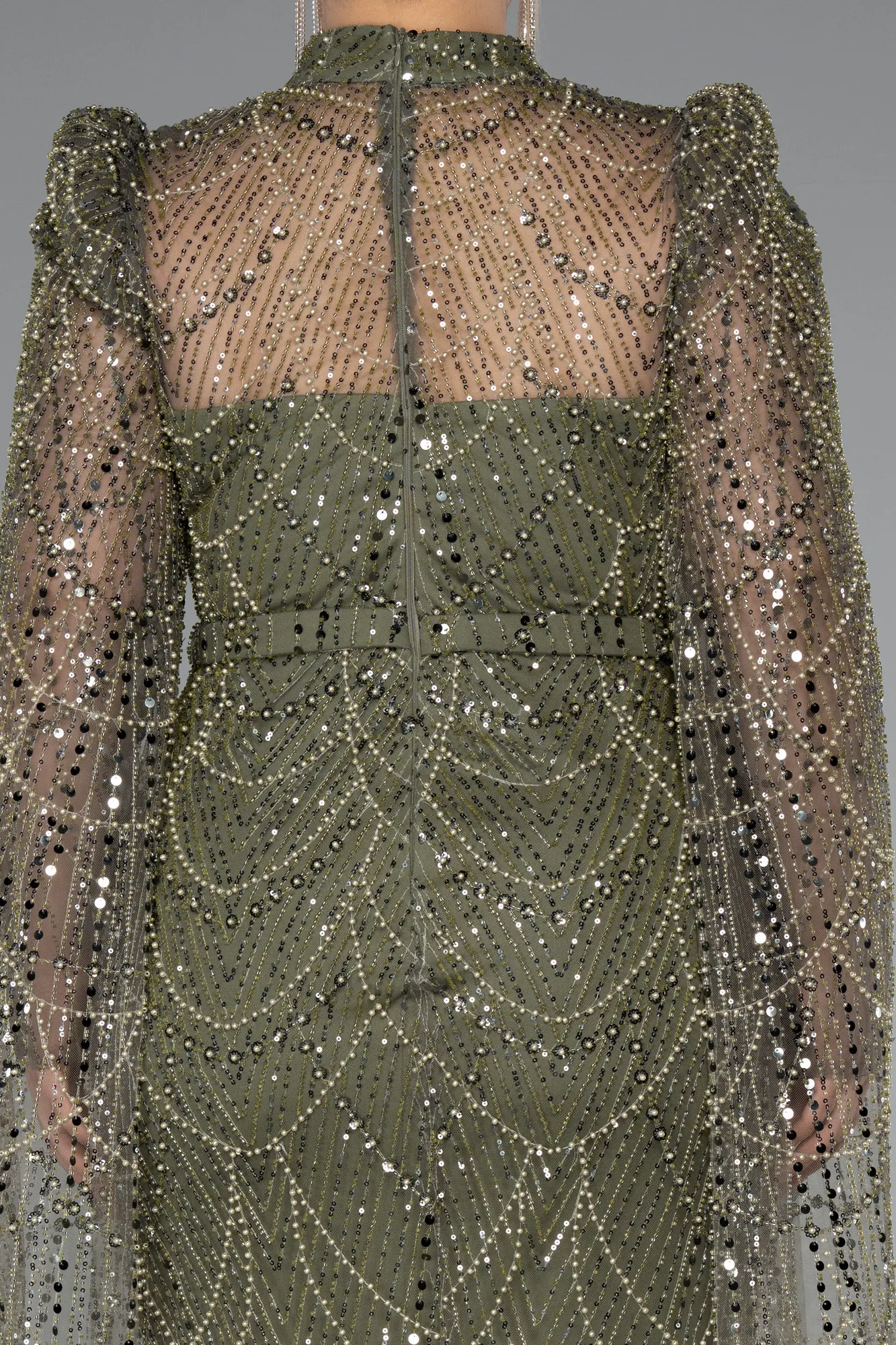 Olive Drab-Long Beaded Plus Size Engagement Dress ABU5153