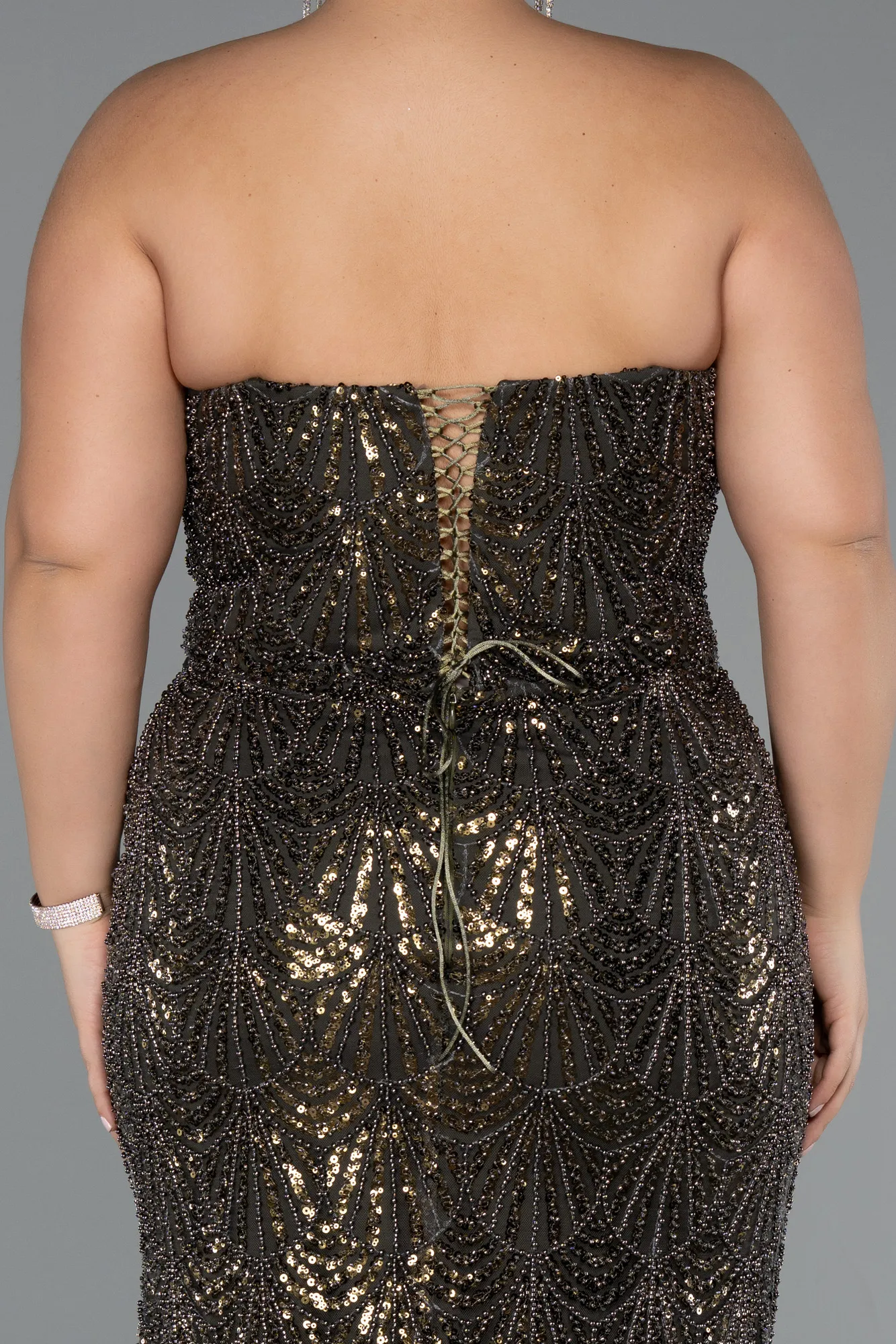 Olive Drab-Long Beaded Plus Size Engagement Dress ABU5347