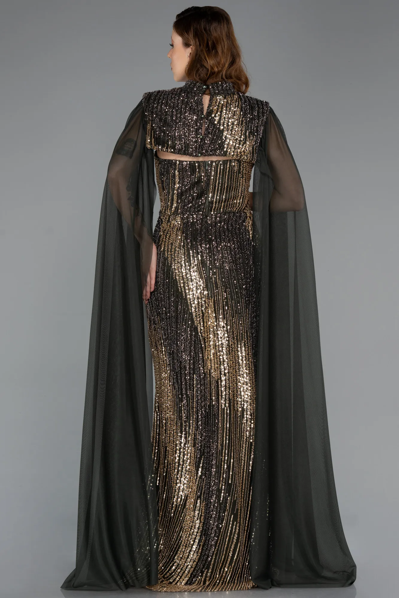 Olive Drab-Long Beaded Plus Size Engagement Dress ABU5505