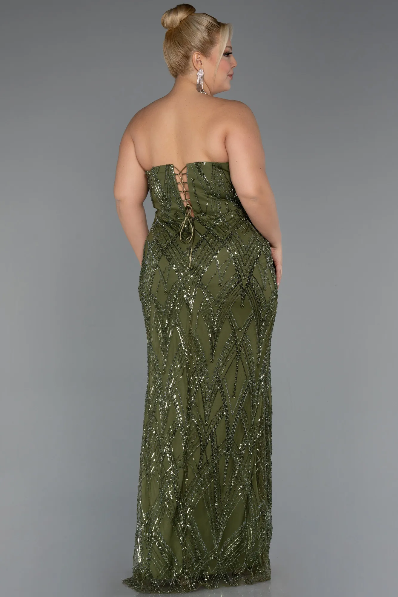 Olive Drab-Long Beaded Plus Size Evening Dress ABU4789