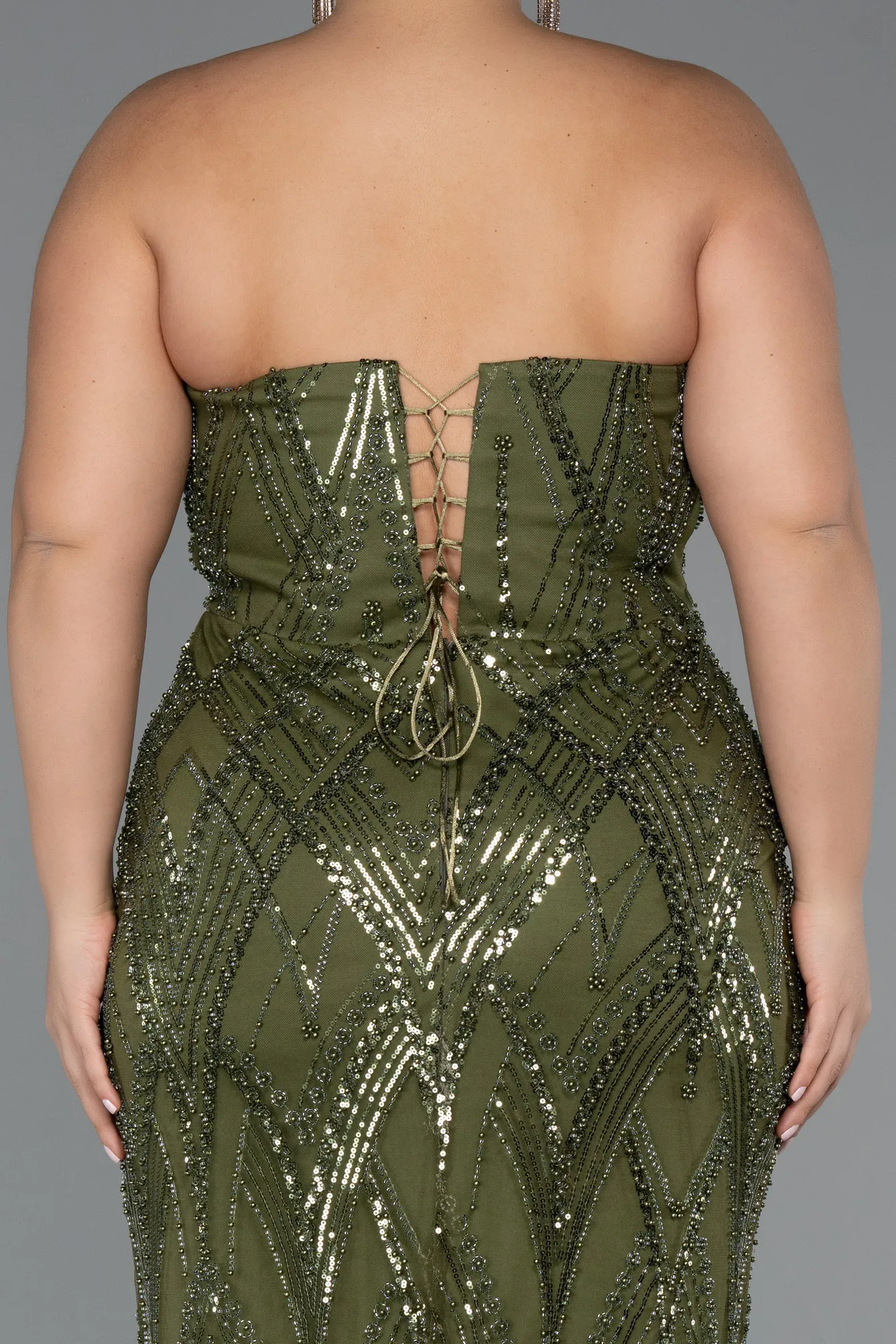 Olive Drab-Long Beaded Plus Size Evening Dress ABU4789