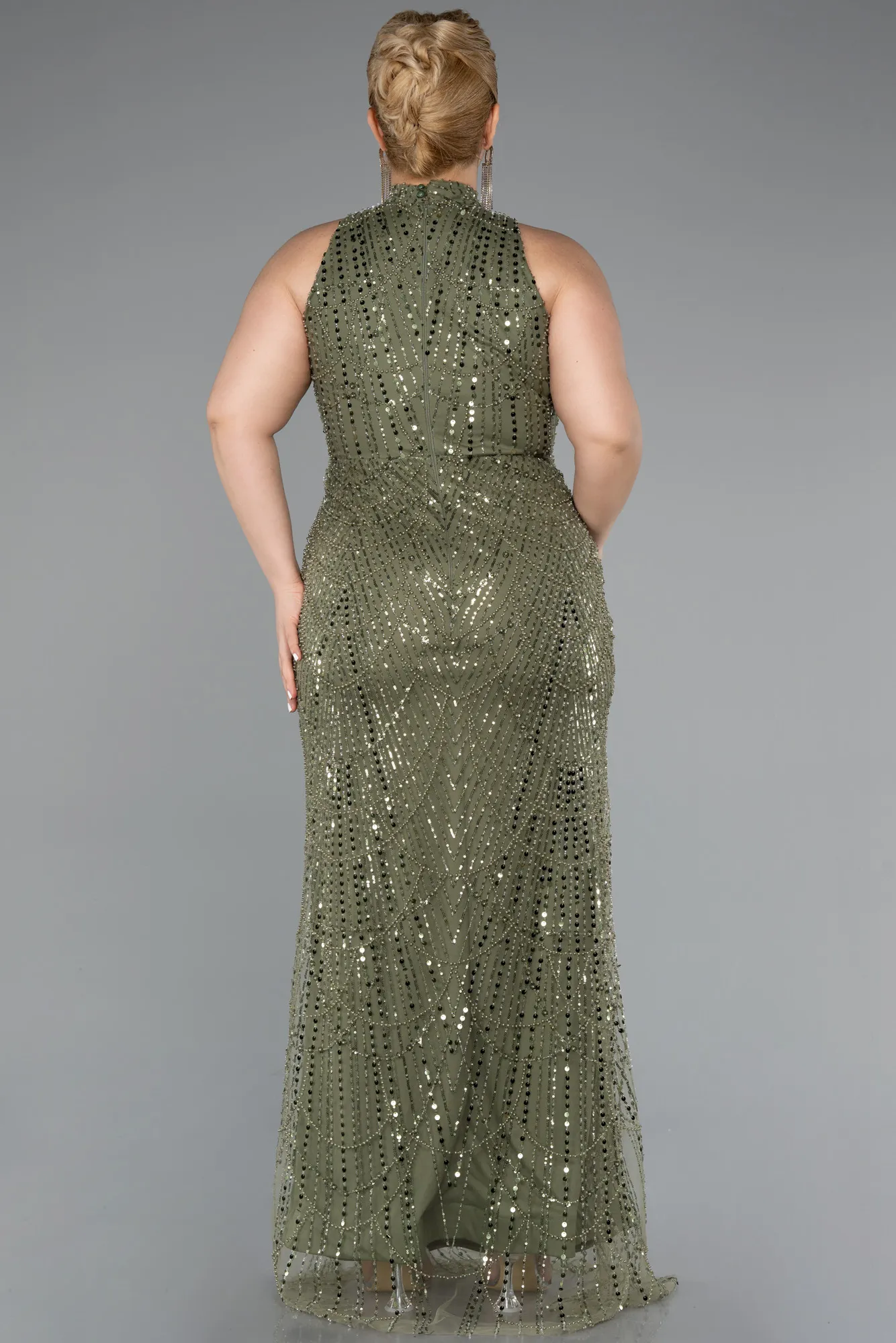 Olive Drab-Long Beaded Plus Size Evening Dress ABU5063