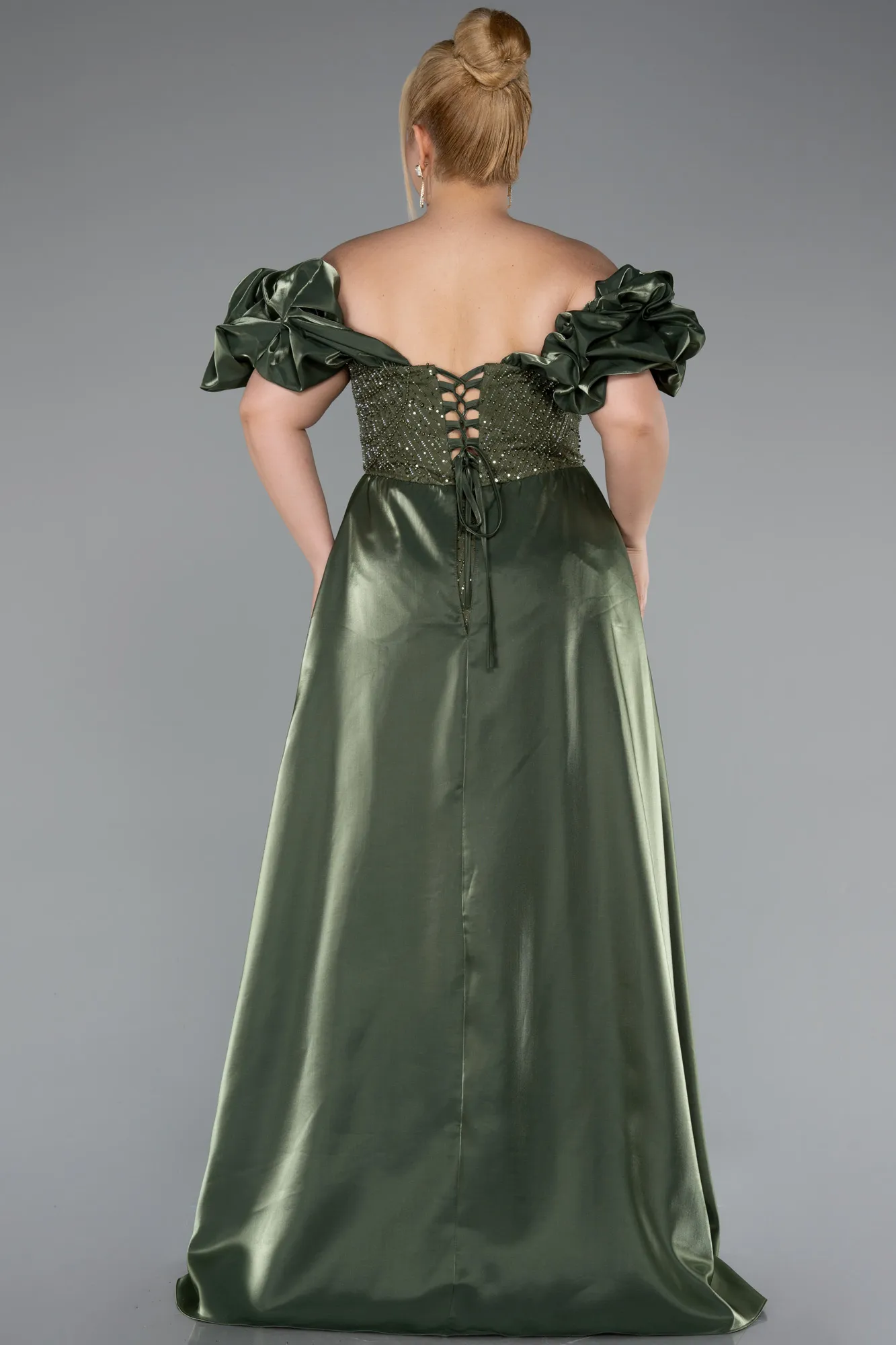 Olive Drab-Long Beaded Plus Size Evening Dress ABU5155