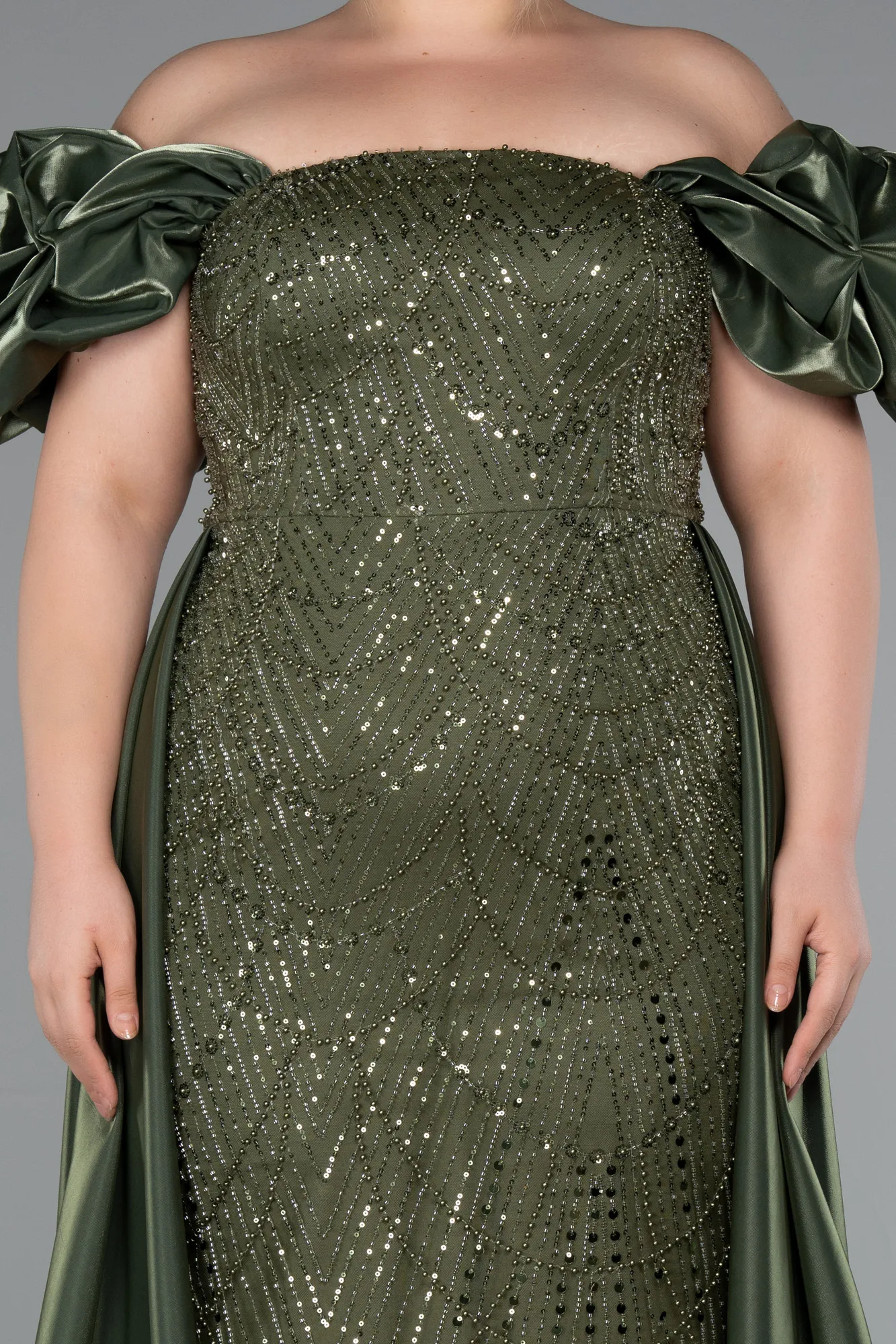 Olive Drab-Long Beaded Plus Size Evening Dress ABU5155