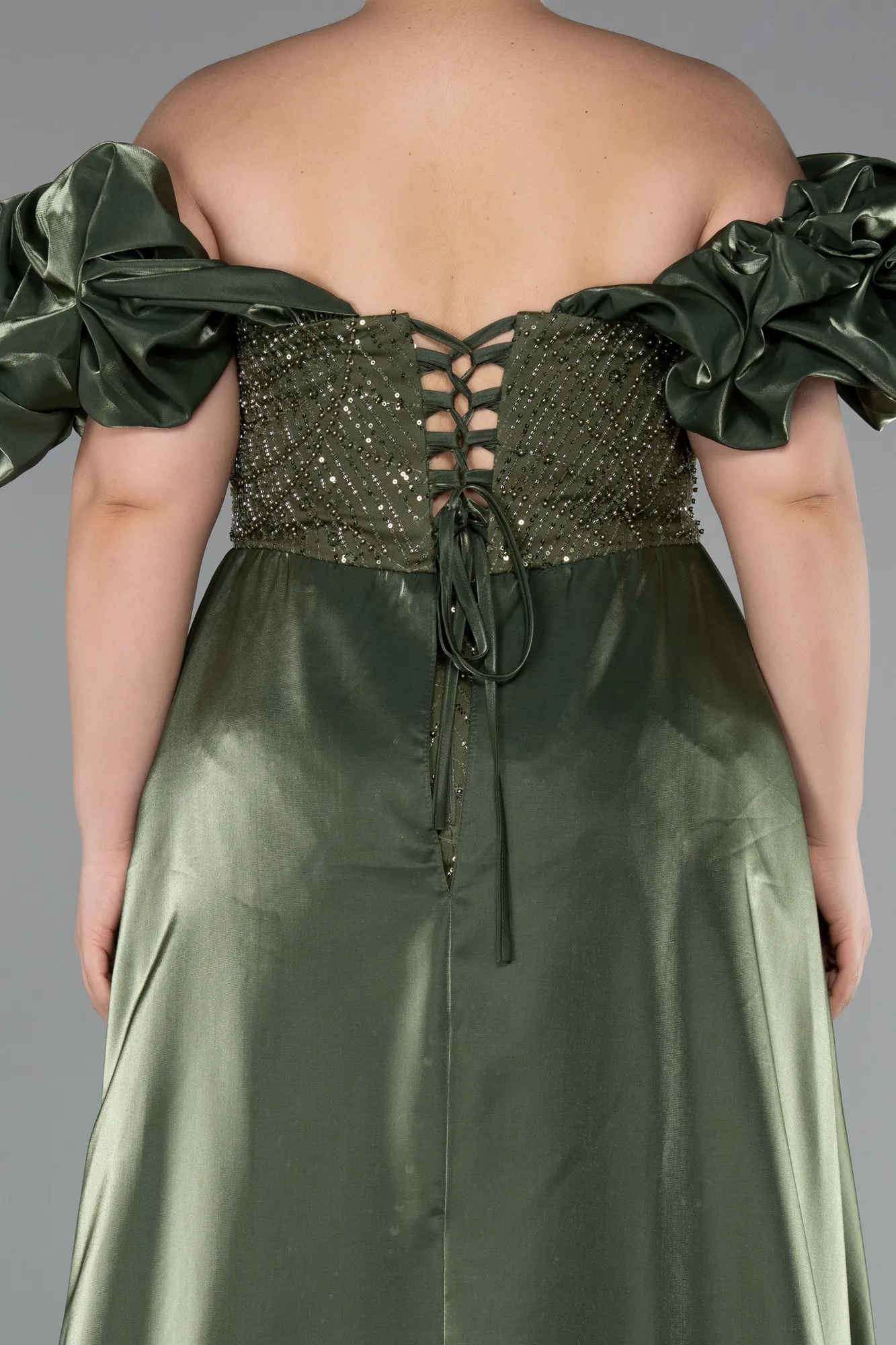 Olive Drab-Long Beaded Plus Size Evening Dress ABU5155