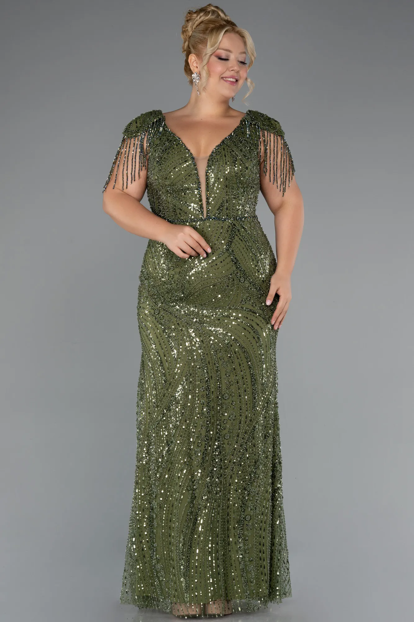 Olive Drab-Long Beaded Plus Size Evening Dress ABU5336