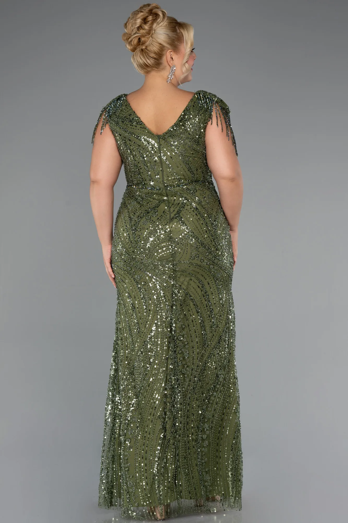 Olive Drab-Long Beaded Plus Size Evening Dress ABU5336