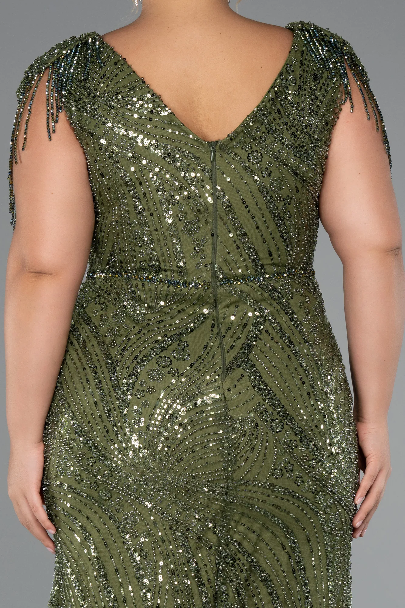 Olive Drab-Long Beaded Plus Size Evening Dress ABU5336