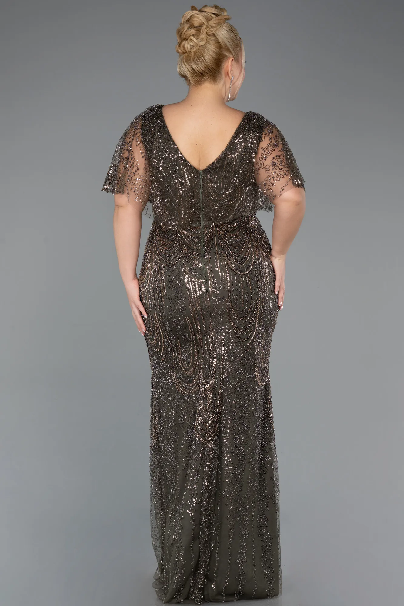 Olive Drab-Long Beaded Plus Size Evening Dress ABU5366